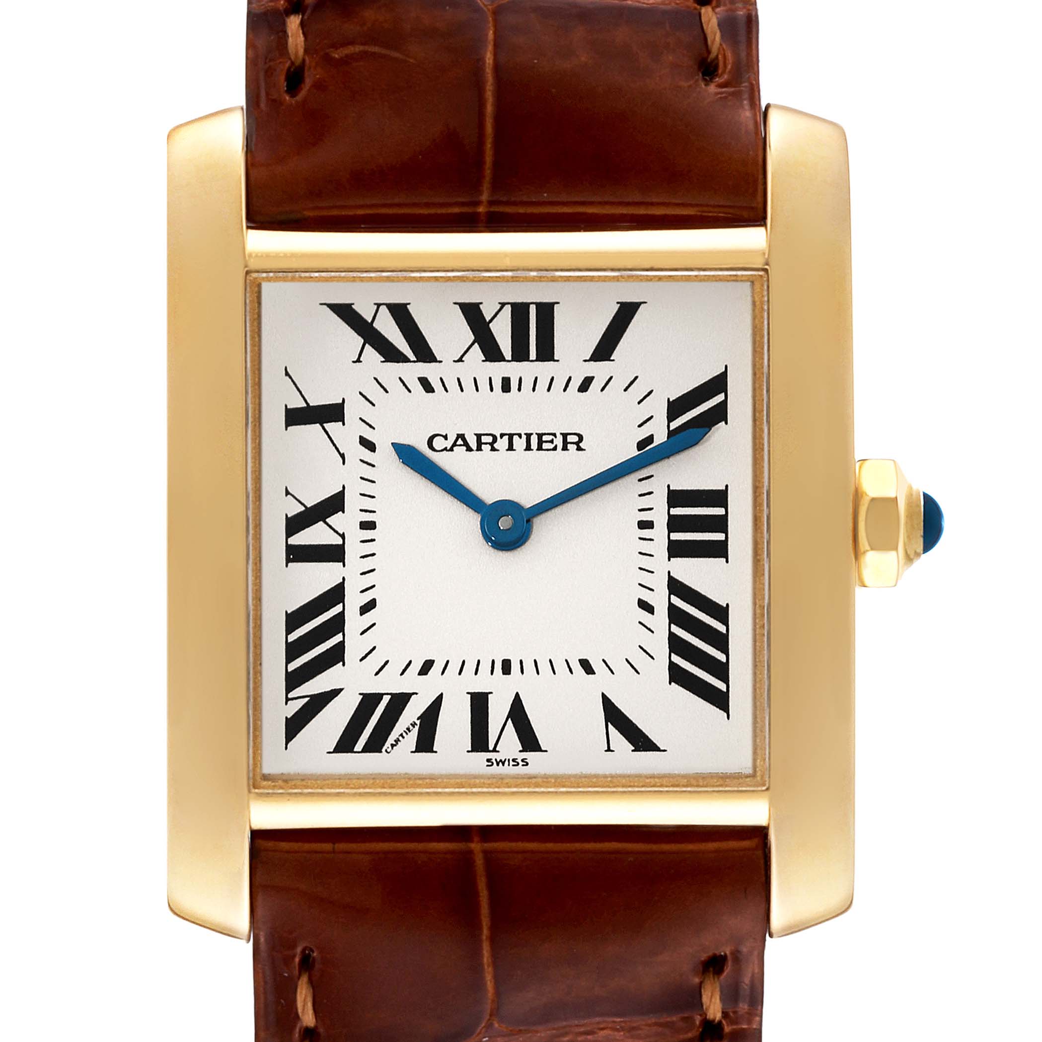 This image shows a front view of the Cartier Tank Francaise W5000356 Women
s Yellow Gold Silver Dial W5000356 Women
s Yellow Gold Silver Dial model with a gold case, Roman numerals, and a brown leather strap.