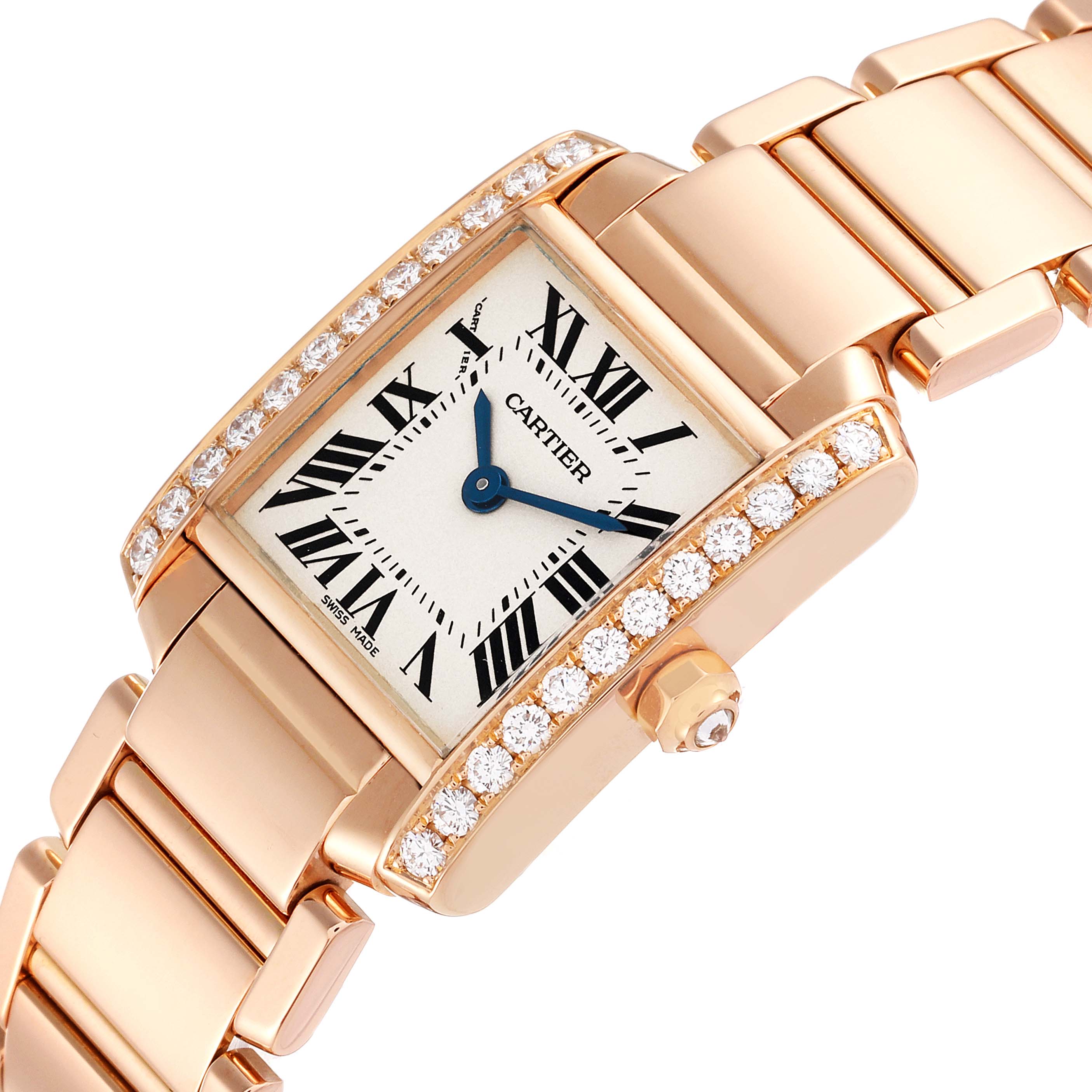 The Cartier Tank Francaise WJTA0022 Women's Rose Gold Silver Dial WJTA0022 Women's Rose Gold Silver Dial watch is shown at a slight angle, highlighting its diamond-accented bezel, Roman numeral dial, and gold bracelet.
