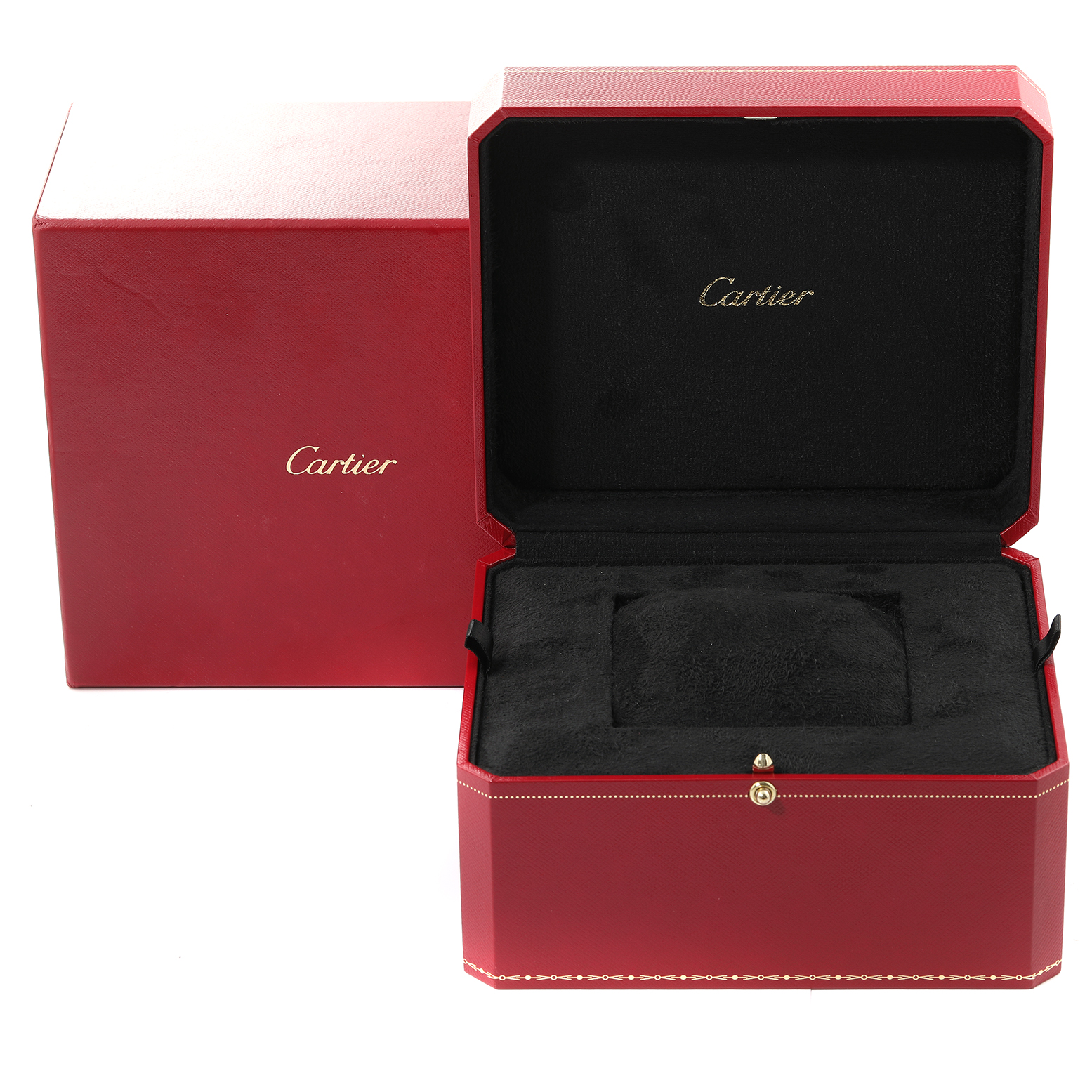 The image shows an open red Cartier box and packaging for the Tank Francaise model, displaying the interior where the watch would be placed.