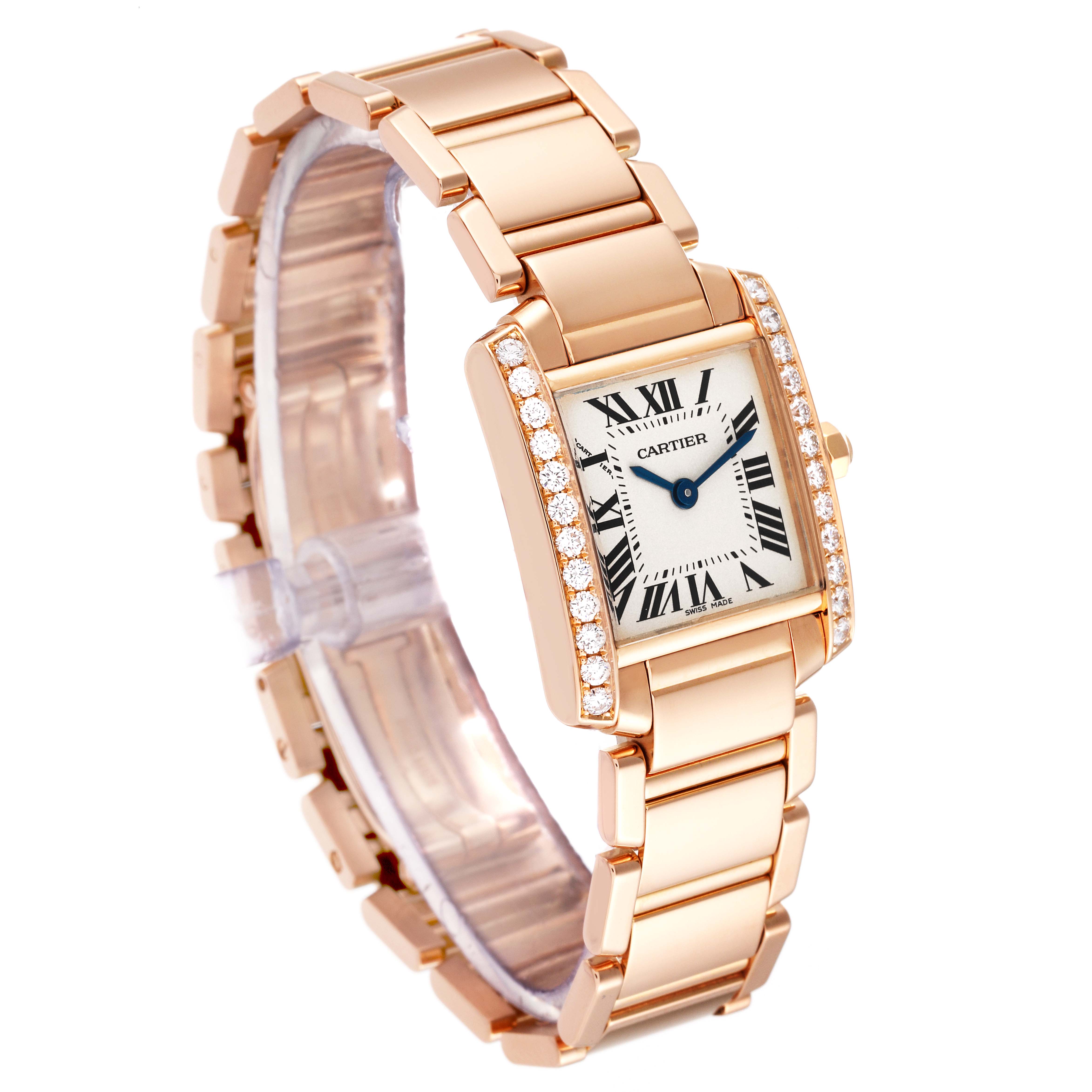 The Cartier Tank Francaise WJTA0022 Women's Rose Gold Silver Dial WJTA0022 Women's Rose Gold Silver Dial watch is shown at a slight angle, highlighting its rose gold case, diamond bezel, and bracelet.