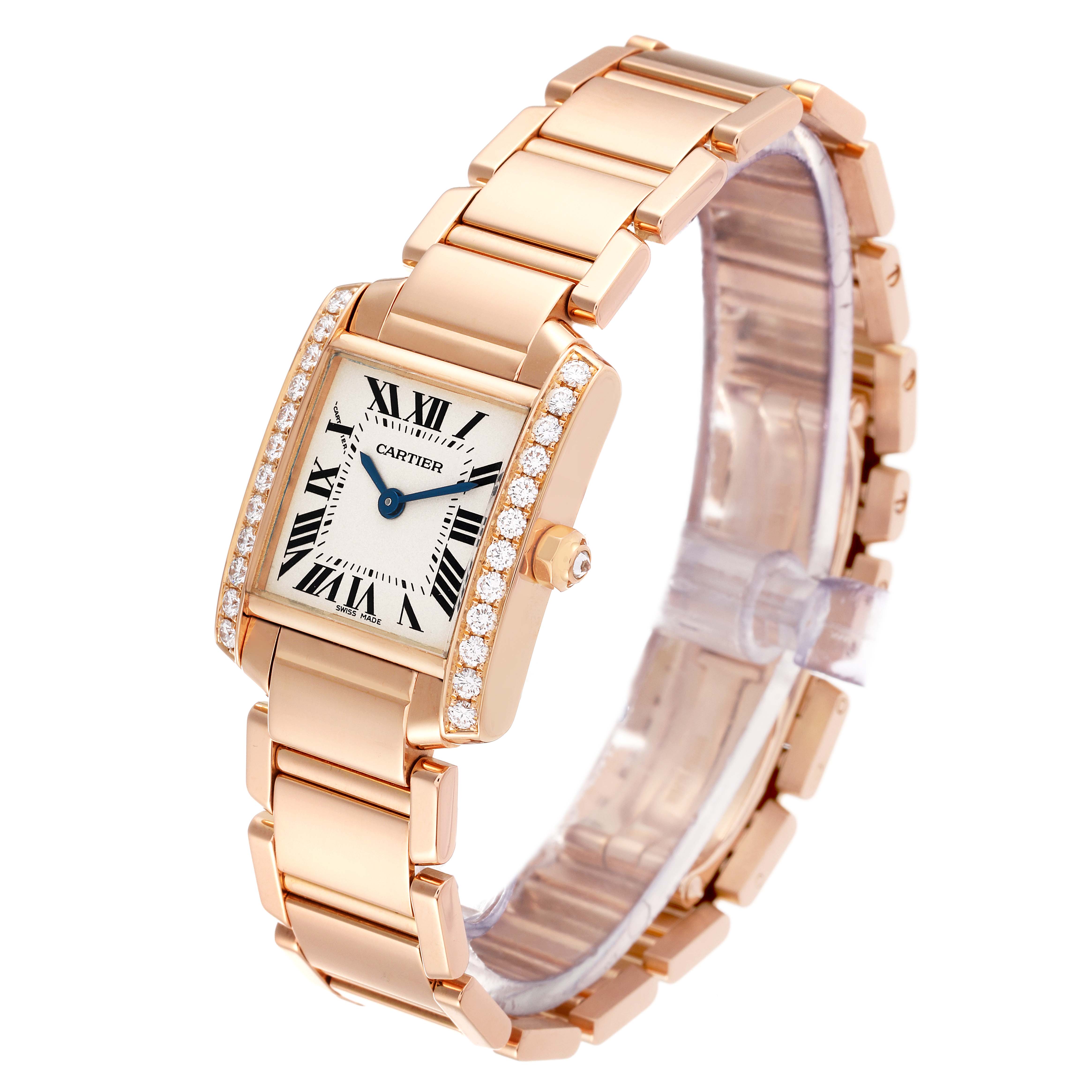 The image shows a Cartier Tank Francaise WJTA0022 Women's Rose Gold Silver Dial WJTA0022 Women's Rose Gold Silver Dial watch angled to display the face, bracelet, and diamond-encrusted bezel.