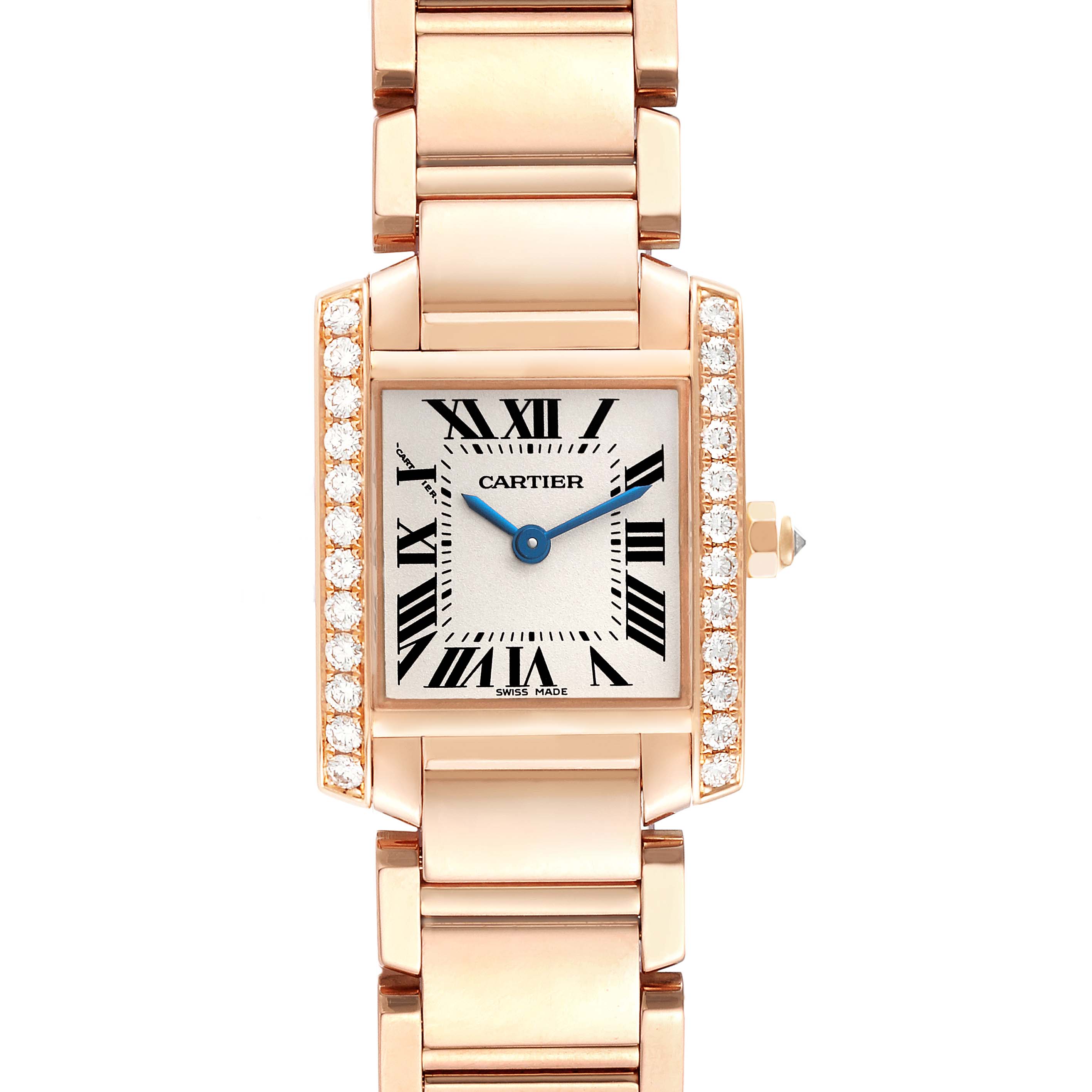 This is a front view of a Cartier Tank Francaise WJTA0022 Women's Rose Gold Silver Dial WJTA0022 Women's Rose Gold Silver Dial watch showing the face, bracelet, and diamond-set case sides.