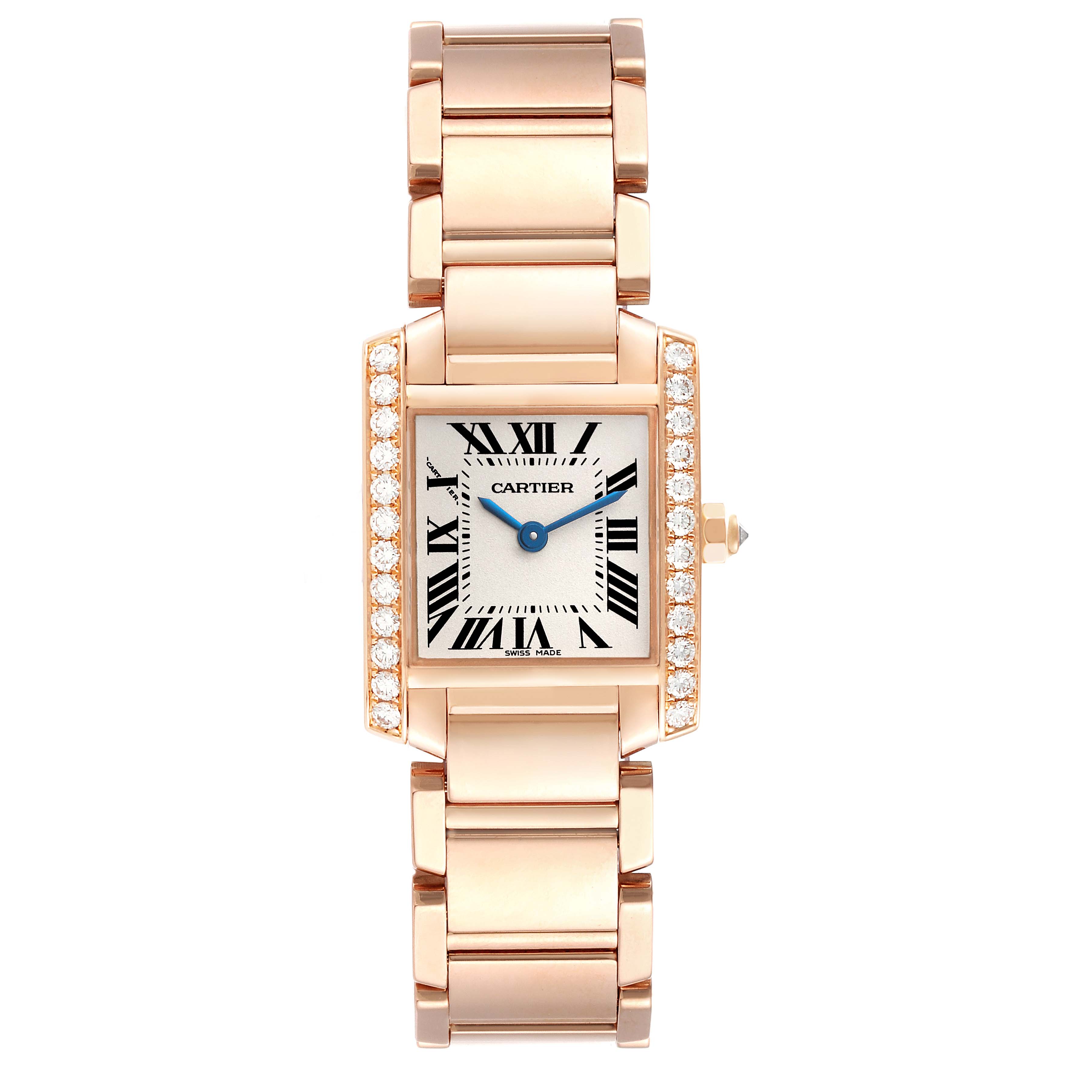 The image shows a Cartier Tank Francaise WJTA0022 Women's Rose Gold Silver Dial WJTA0022 Women's Rose Gold Silver Dial watch, featuring its dial, bracelet, and diamond-studded bezel, viewed from the front.