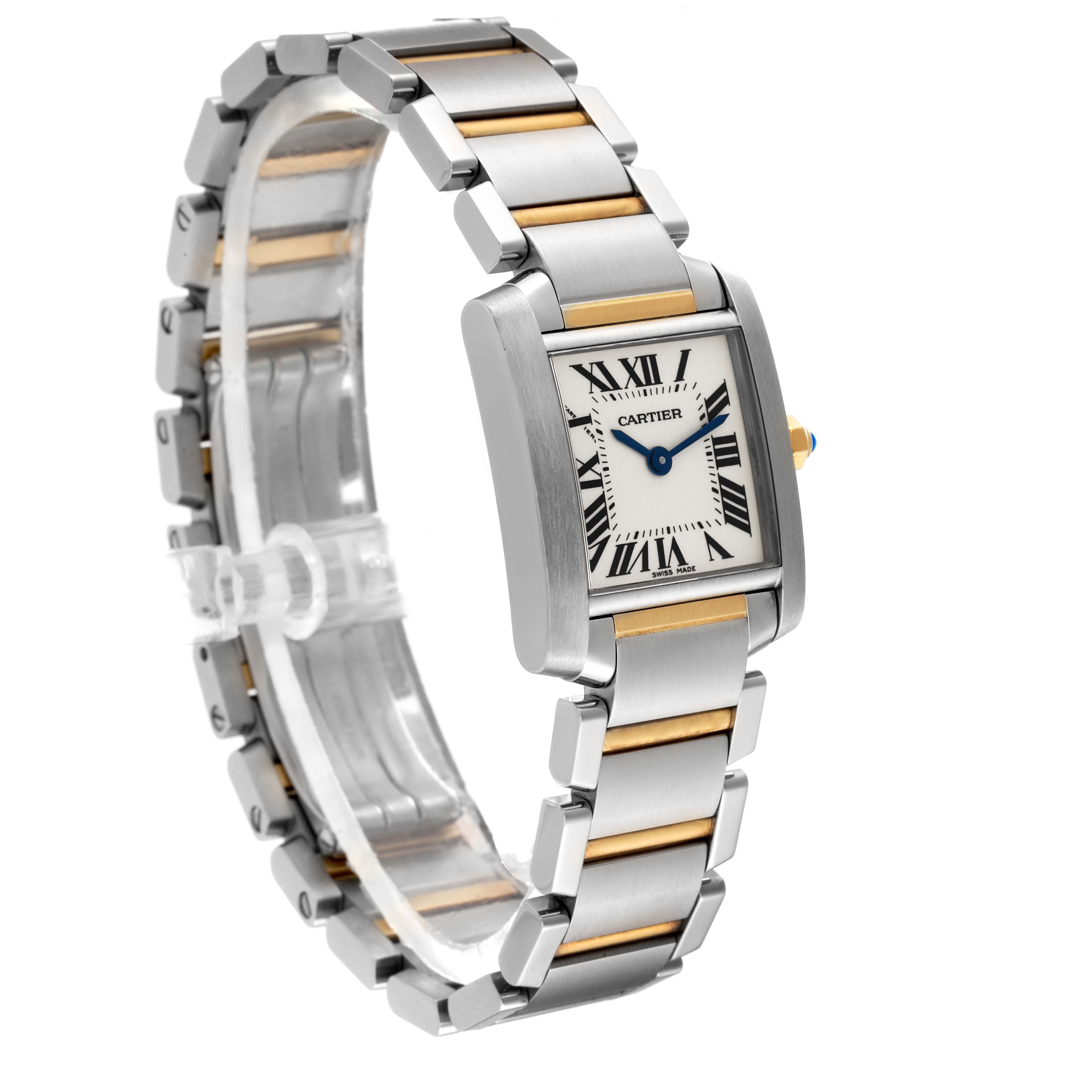 The image shows a slight side angle of the Cartier Tank Francaise W51007Q4 Women's Steel and Gold (two tone) Silver Dial W51007Q4 Women's Steel and Gold (two tone) Silver Dial watch, highlighting its face and two-tone metal bracelet.