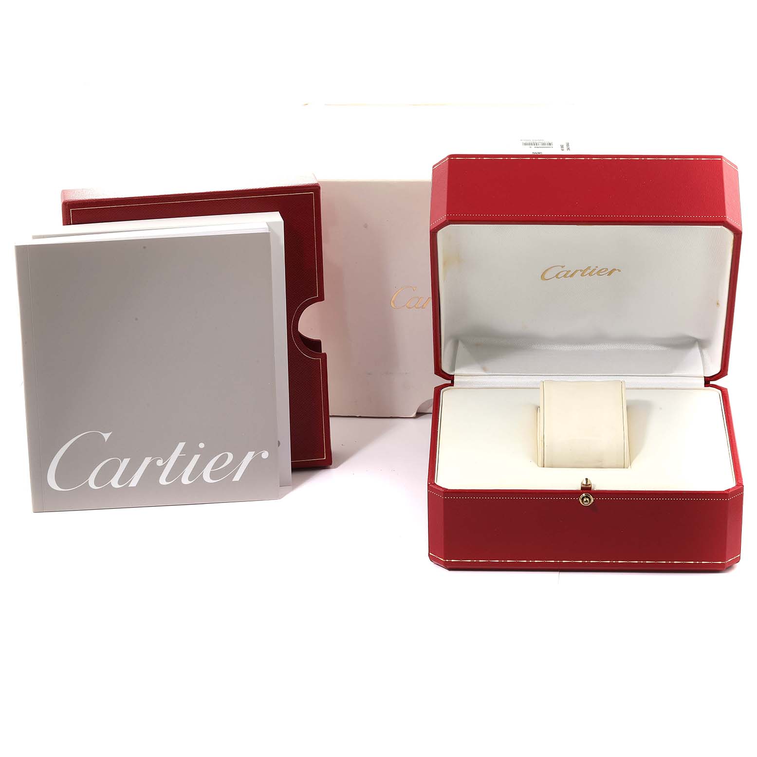 The image shows a Cartier Tank Francaise W51007Q4 Women's Steel and Gold (two tone) Silver Dial W51007Q4 Women's Steel and Gold (two tone) Silver Dial watch box, opened to display the interior, along with the outer packaging and documentation.