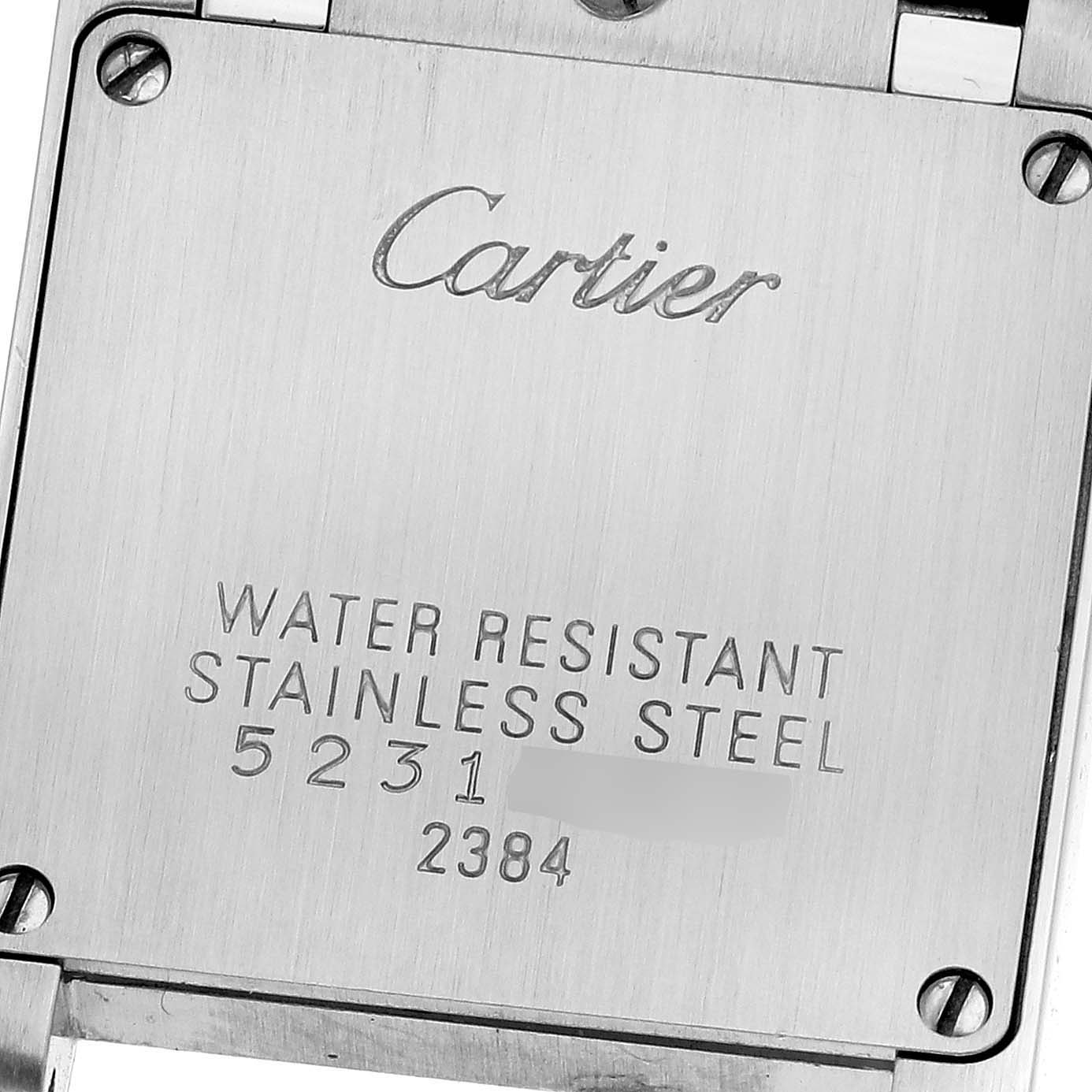 This image shows the back casing of a Cartier Tank Francaise W51007Q4 Women's Steel and Gold (two tone) Silver Dial W51007Q4 Women's Steel and Gold (two tone) Silver Dial watch, highlighting the brand, water resistance, and material details.