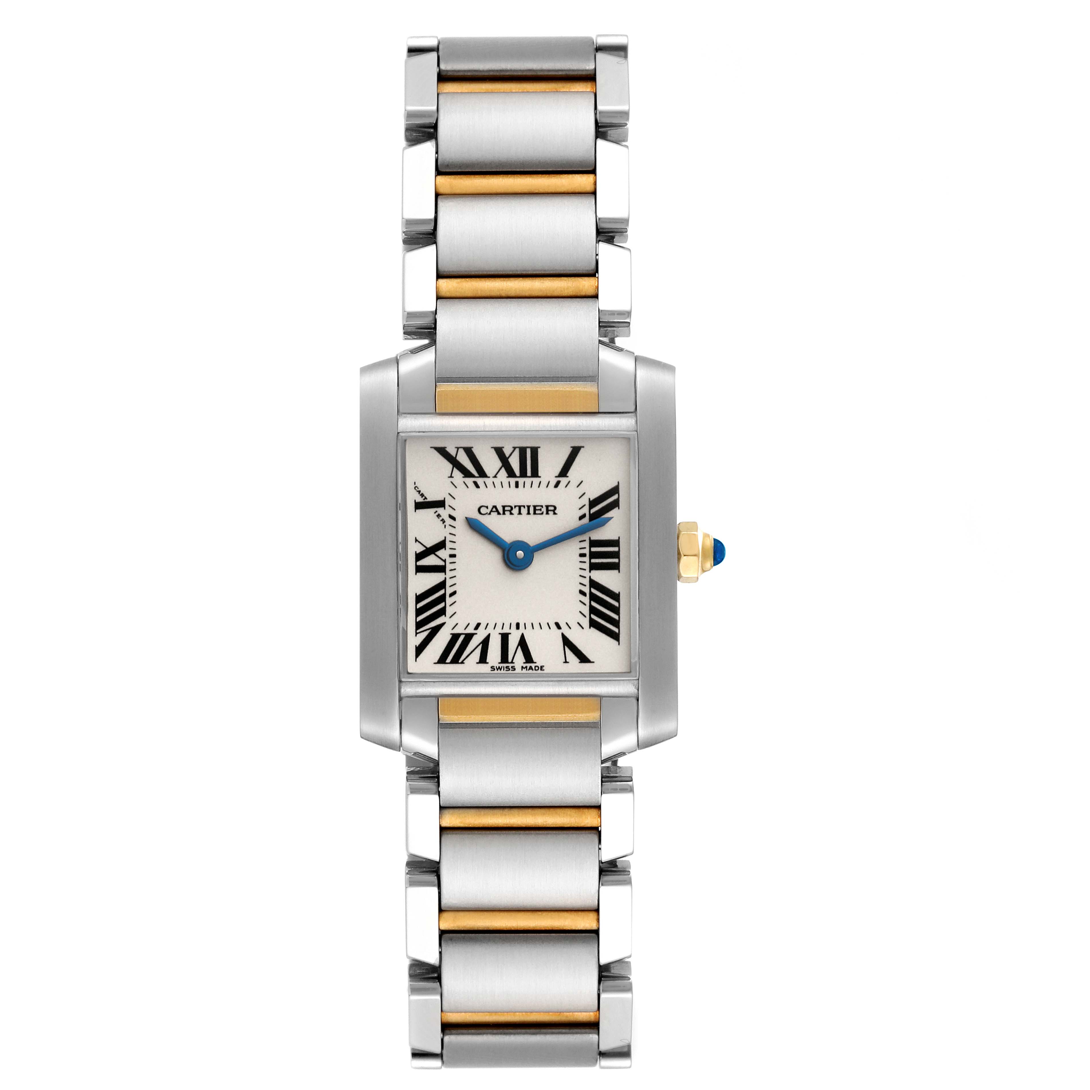 The image displays a full frontal view of a Cartier Tank Francaise W51007Q4 Women's Steel and Gold (two tone) Silver Dial W51007Q4 Women's Steel and Gold (two tone) Silver Dial watch, showcasing the dial and bracelet.