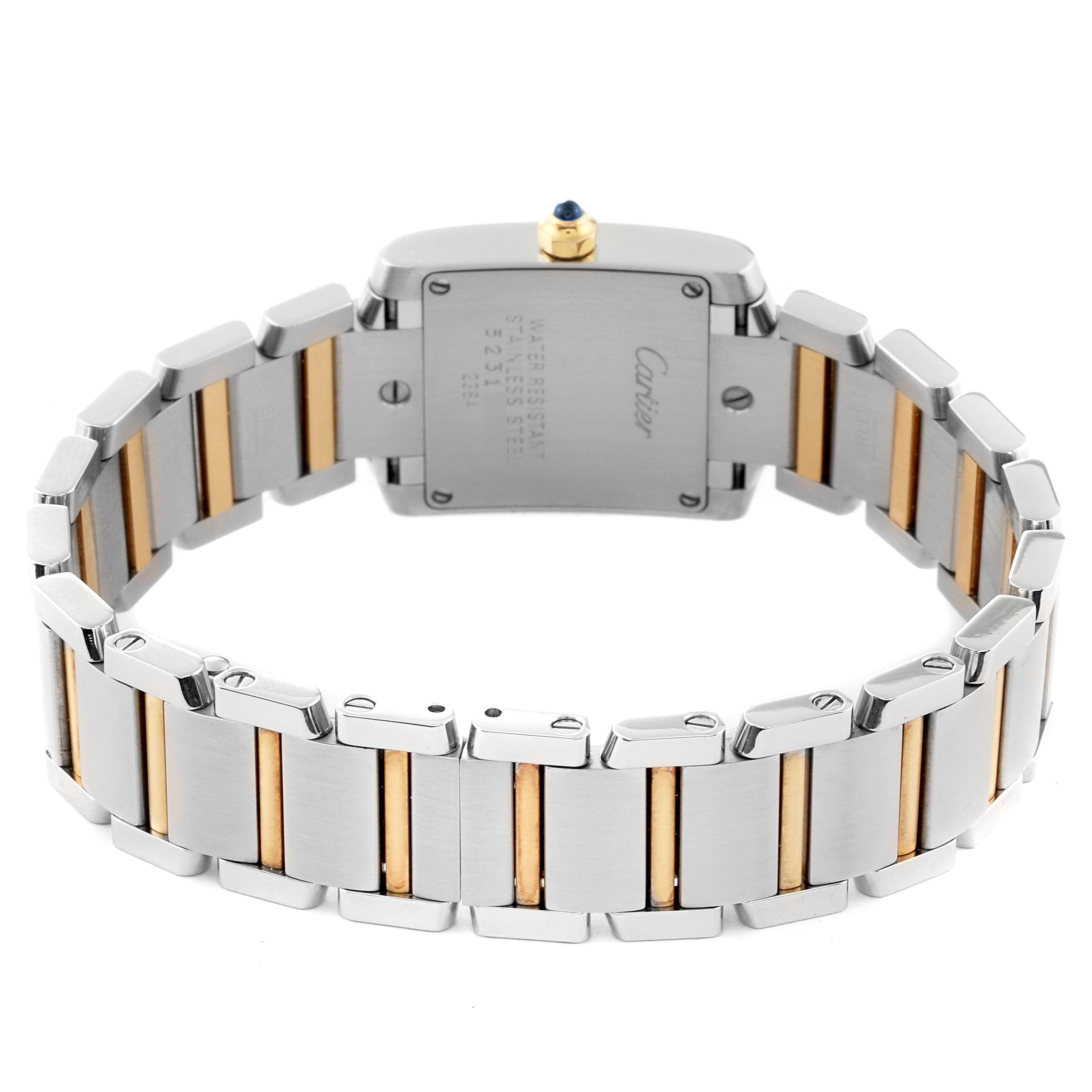 The image shows the back view of a Cartier Tank Française watch, highlighting its two-tone metal bracelet and case back.