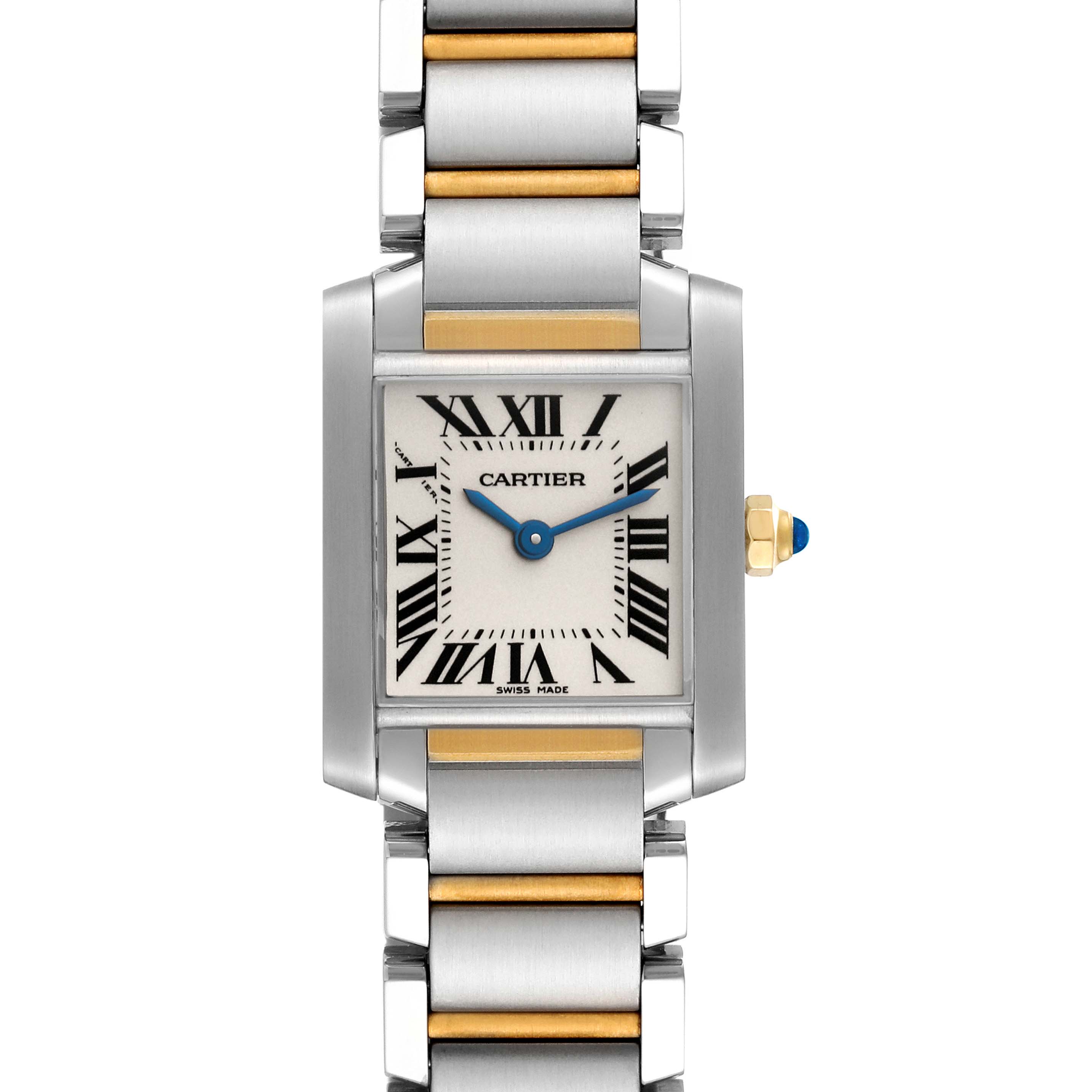 The image shows a front view of the Cartier Tank Française watch with its face and metal bracelet visible.