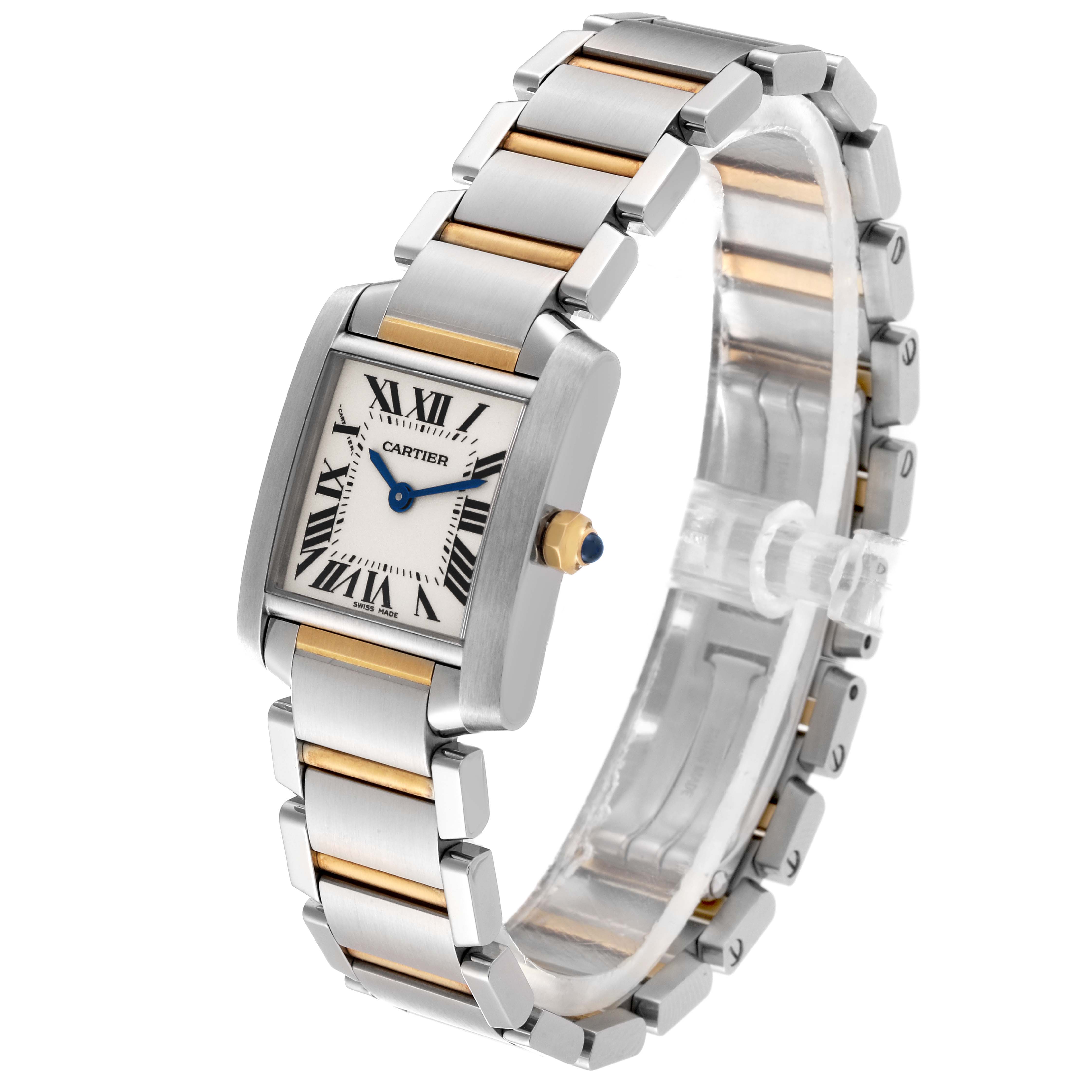 The Cartier Tank Francaise W51007Q4 Women's Steel and Gold (two tone) Silver Dial W51007Q4 Women's Steel and Gold (two tone) Silver Dial is shown at an angle, displaying its rectangular face, Roman numeral dial, and two-tone metal bracelet.