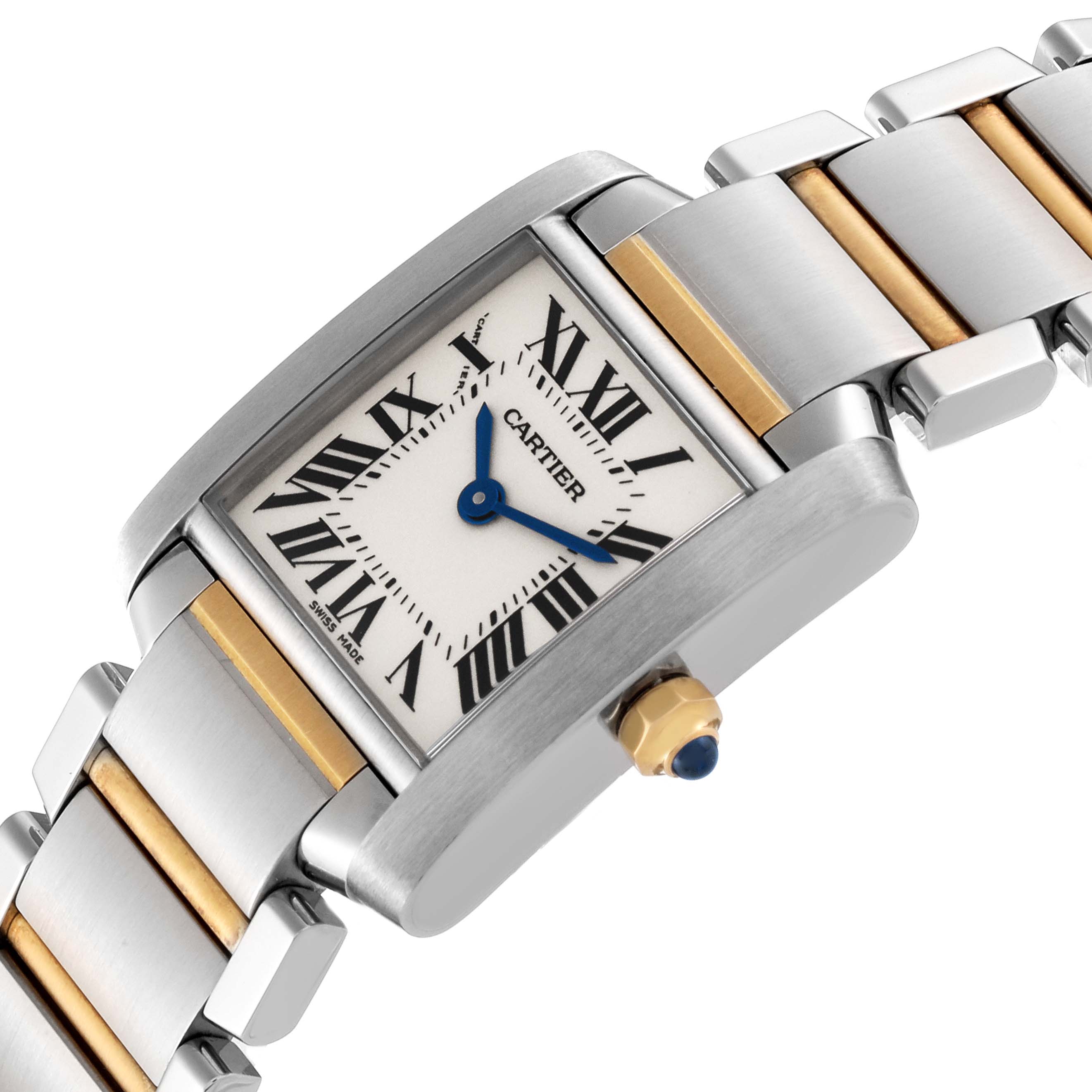 The image shows the face, crown, and bracelet of a Cartier Tank Francaise W51007Q4 Women's Steel and Gold (two tone) Silver Dial W51007Q4 Women's Steel and Gold (two tone) Silver Dial watch at a slight angle.