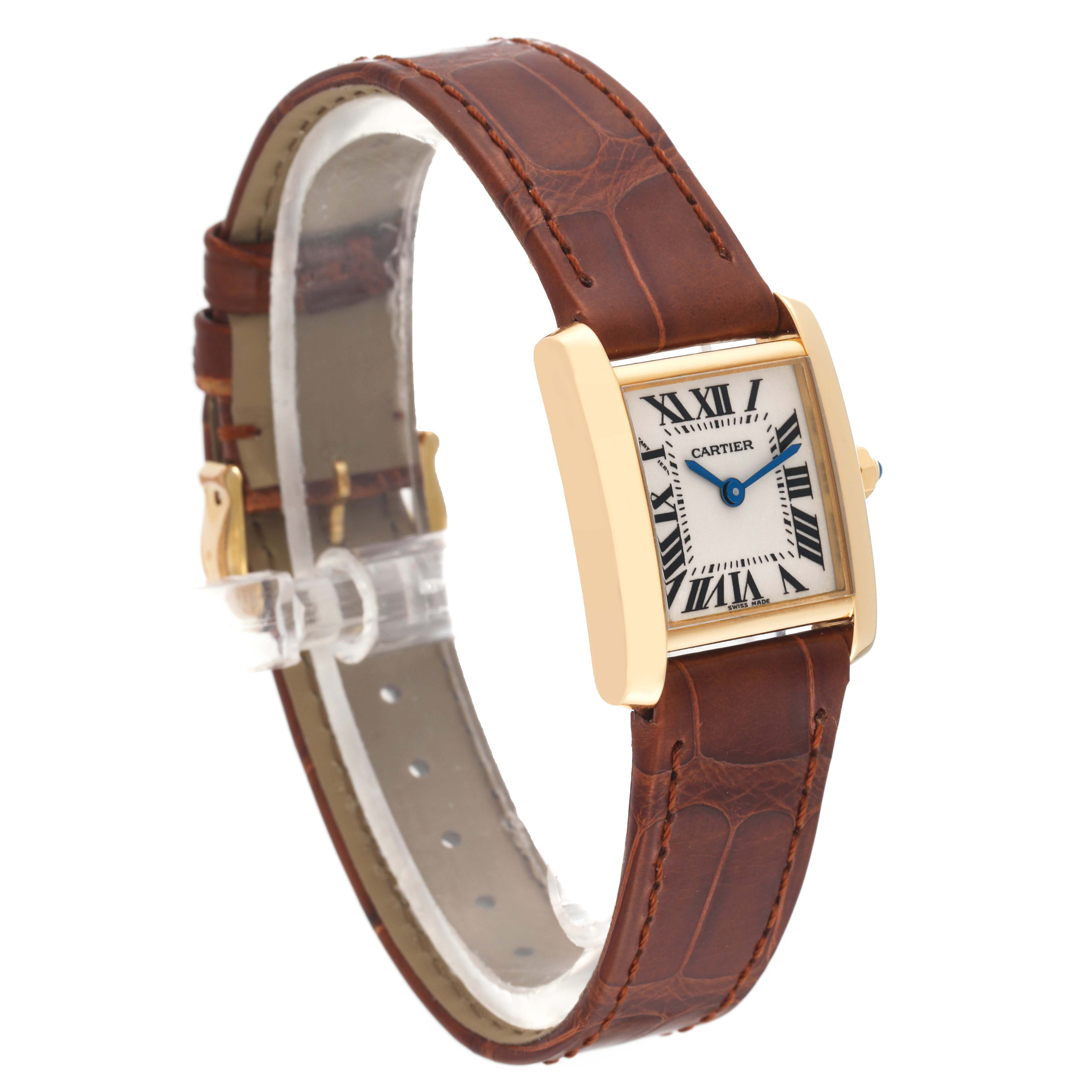 The Cartier Tank Francaise W5000256 Women's Yellow Gold Silver Dial W5000256 Women's Yellow Gold Silver Dial watch is shown at a side angle, displaying its brown leather strap and rectangular gold case with a Roman numeral dial.