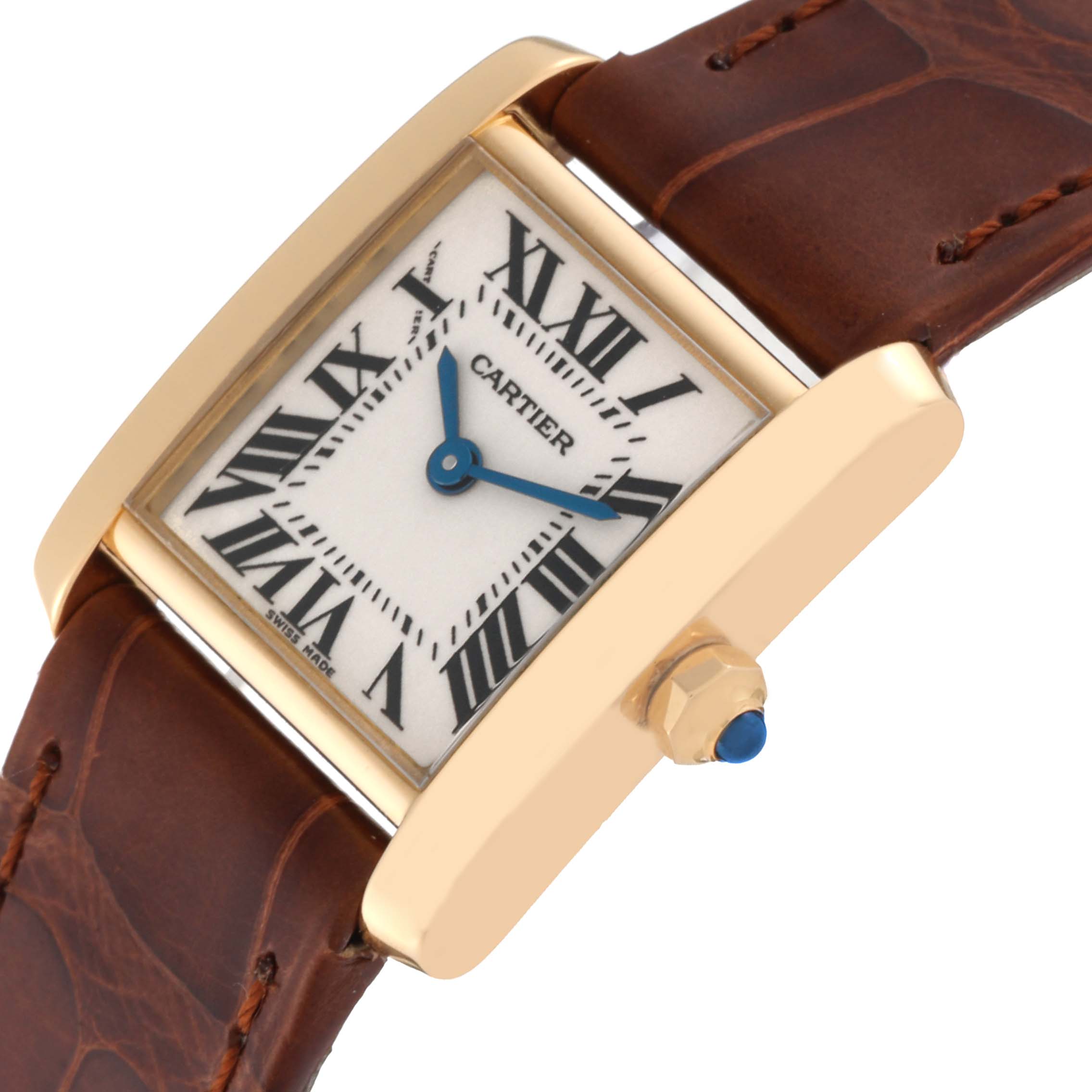 The image shows a Cartier Tank Francaise W5000256 Women's Yellow Gold Silver Dial W5000256 Women's Yellow Gold Silver Dial watch angled slightly from the side, highlighting the face, crown, and part of the leather strap.