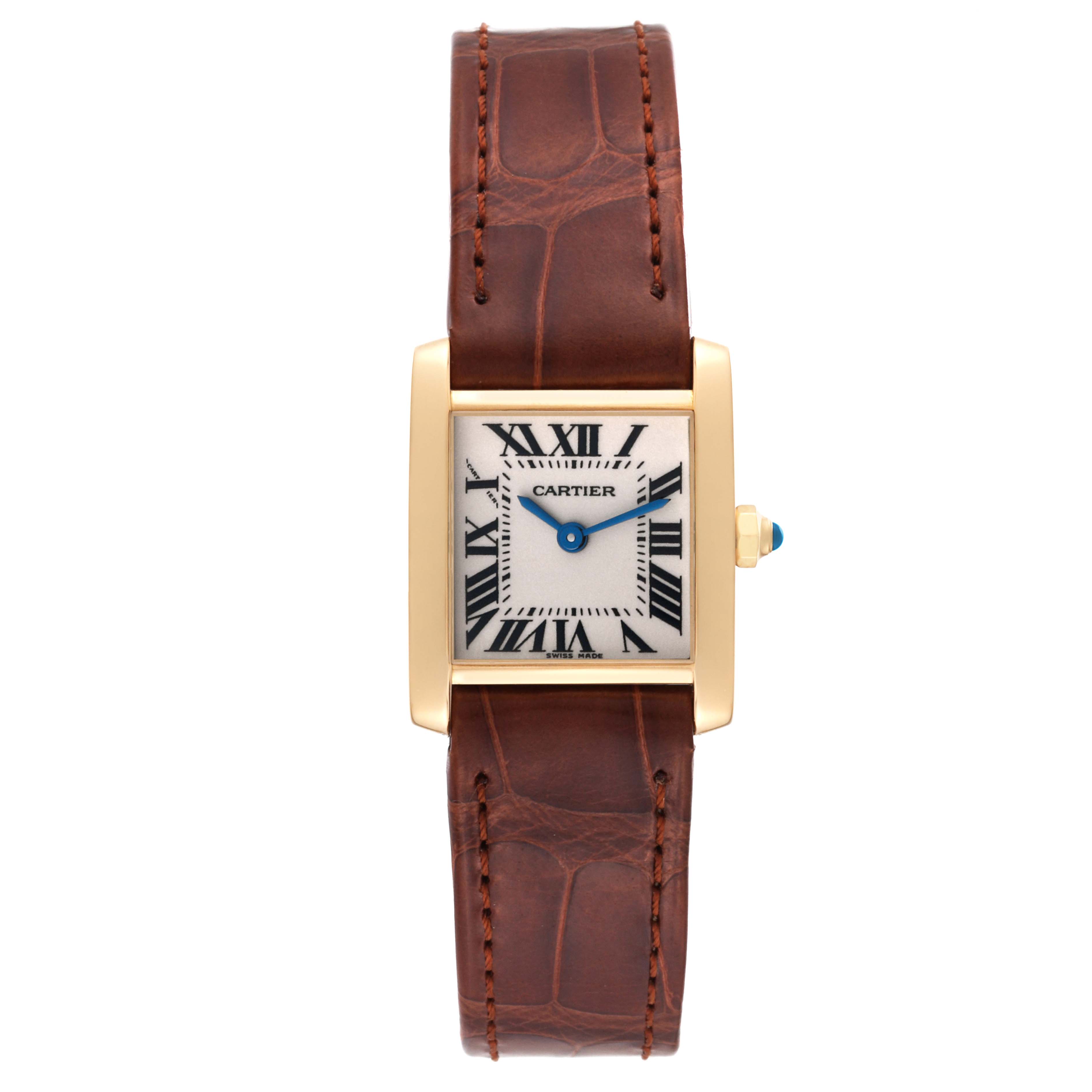 The Cartier Tank Française watch is shown from the front, displaying its rectangular face, Roman numerals, blue hour and minute hands, and brown leather strap.