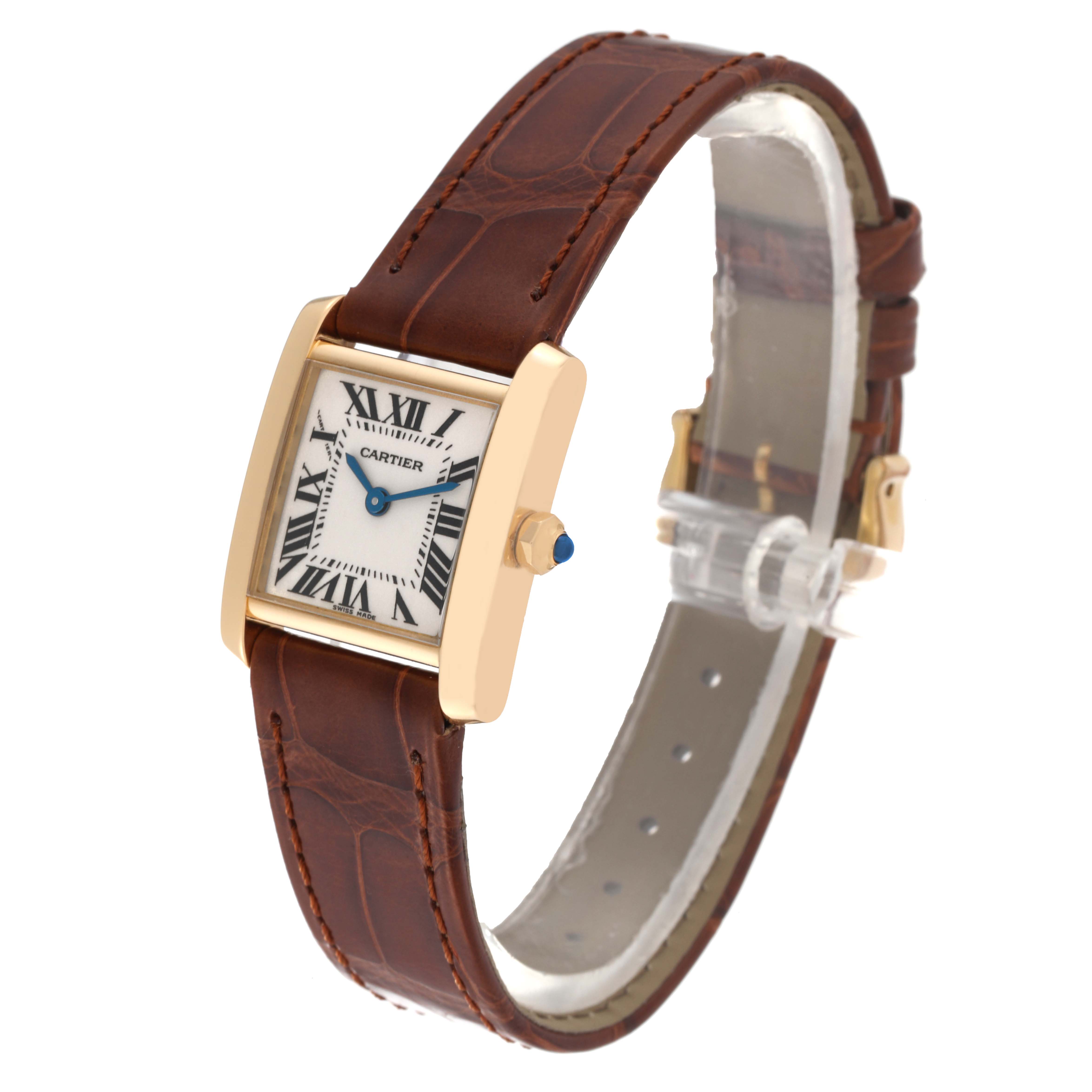The image shows a Cartier Tank Francaise W5000256 Women's Yellow Gold Silver Dial W5000256 Women's Yellow Gold Silver Dial watch at a 3/4 angle, displaying the face, crown, and leather strap.