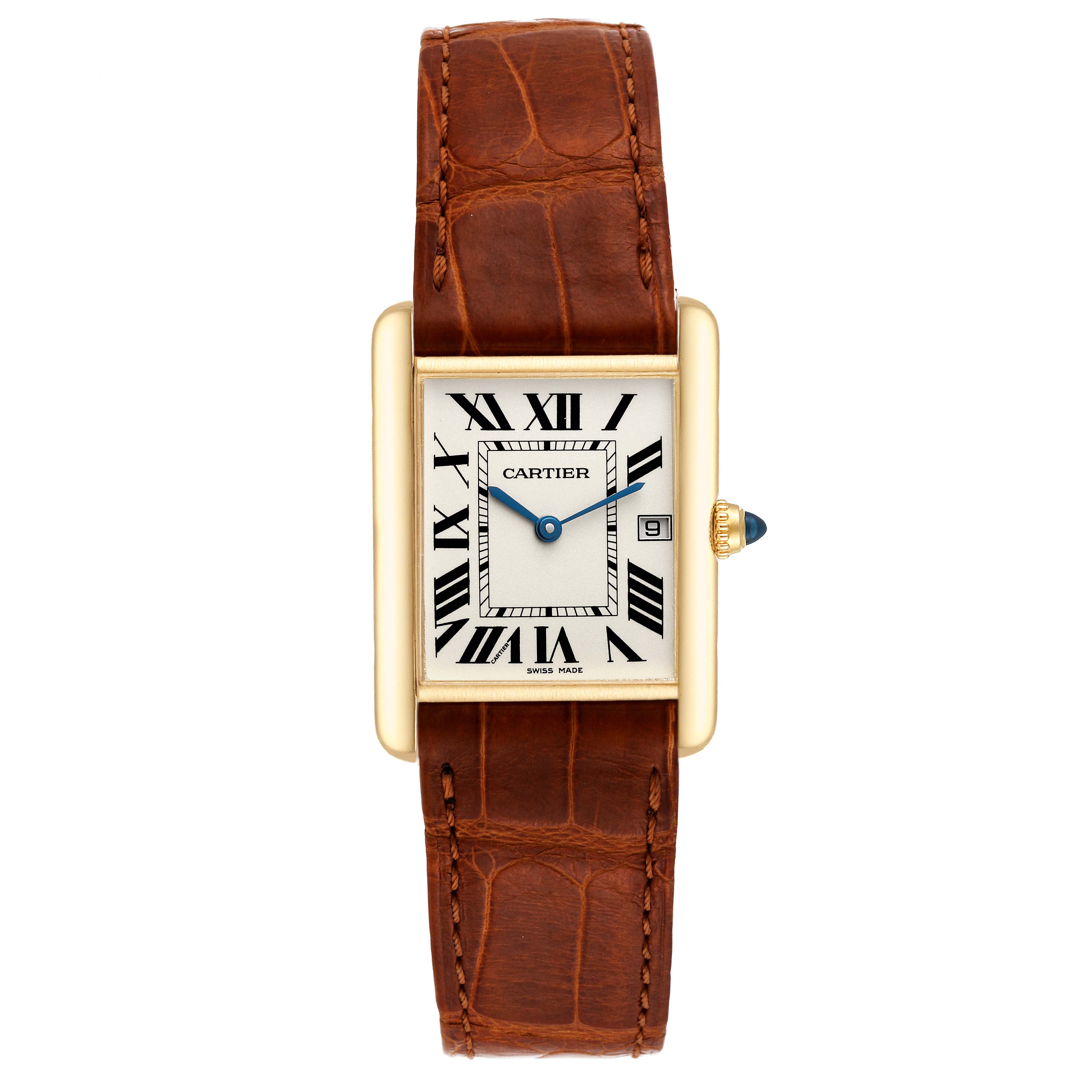The image shows a straight-on view of a Cartier Tank Louis W1529756 Men
s Yellow Gold Silver Dial W1529756 Men
s Yellow Gold Silver Dial watch, featuring a brown leather strap and a rectangular dial with Roman numerals.