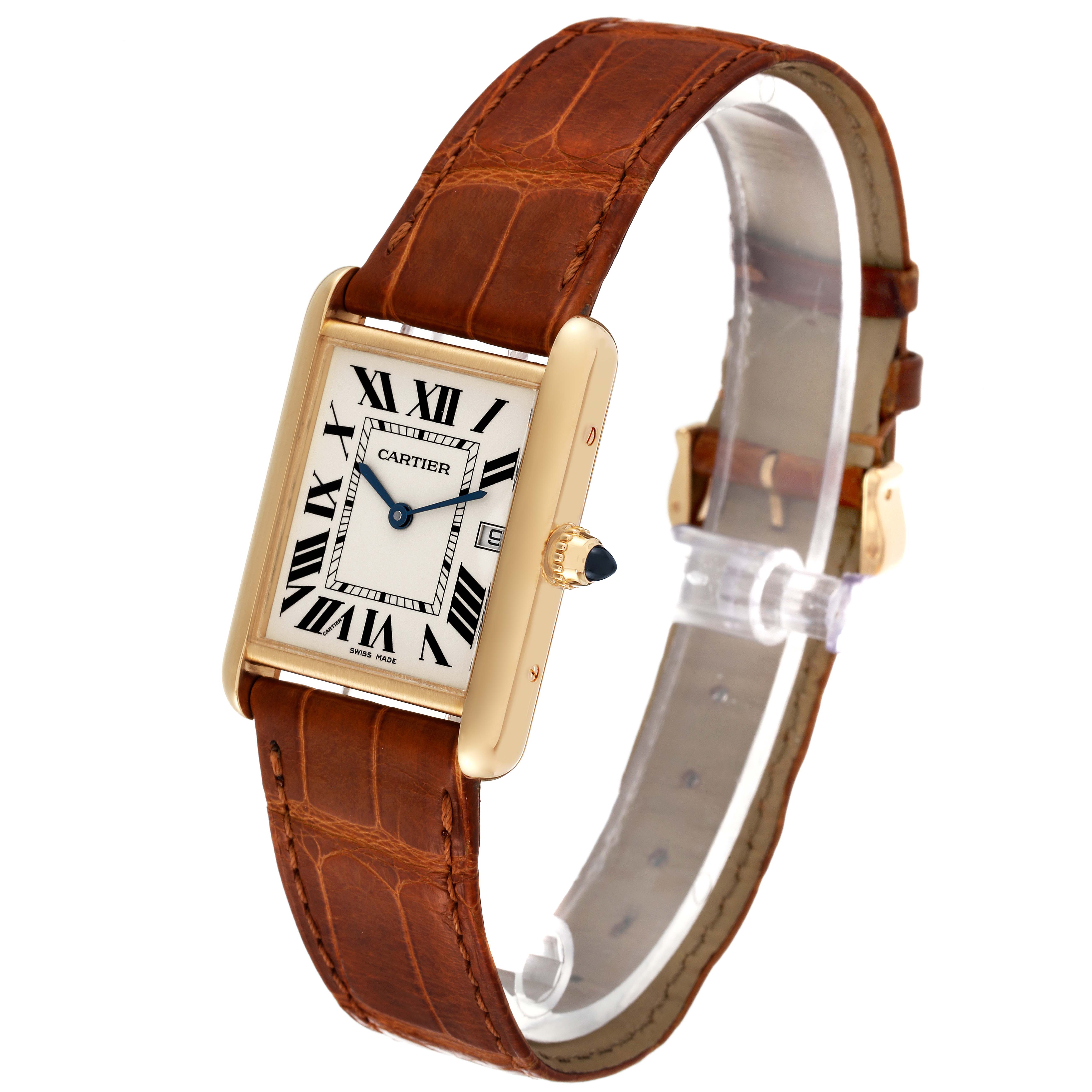 The image shows a Cartier Tank Louis W1529756 Men
s Yellow Gold Silver Dial W1529756 Men
s Yellow Gold Silver Dial watch from an angled top view, highlighting the face, crown, and leather strap.