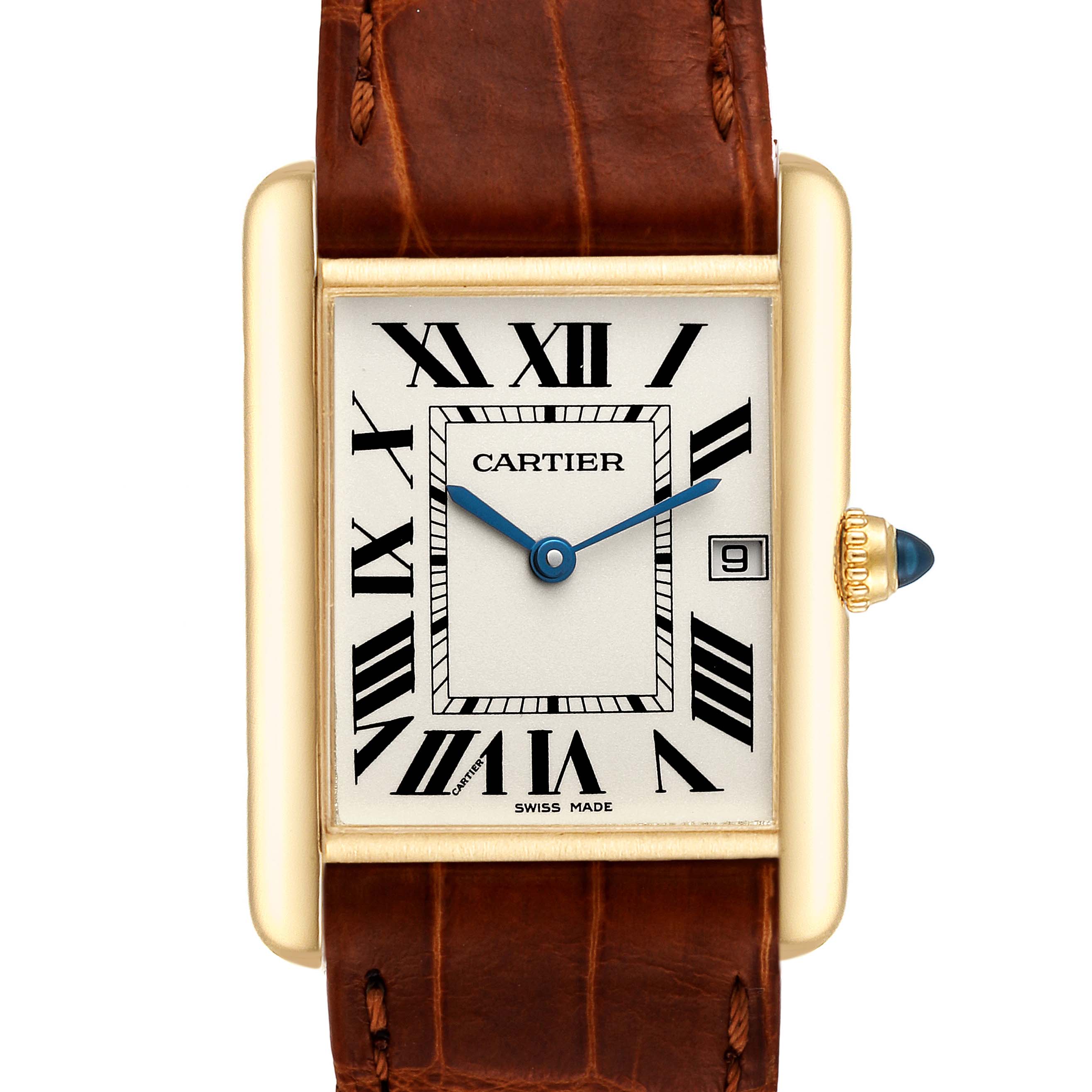 The image shows a front angle of the Cartier Tank Louis W1529756 Men
s Yellow Gold Silver Dial W1529756 Men
s Yellow Gold Silver Dial watch, highlighting the dial, case, and part of the leather strap.