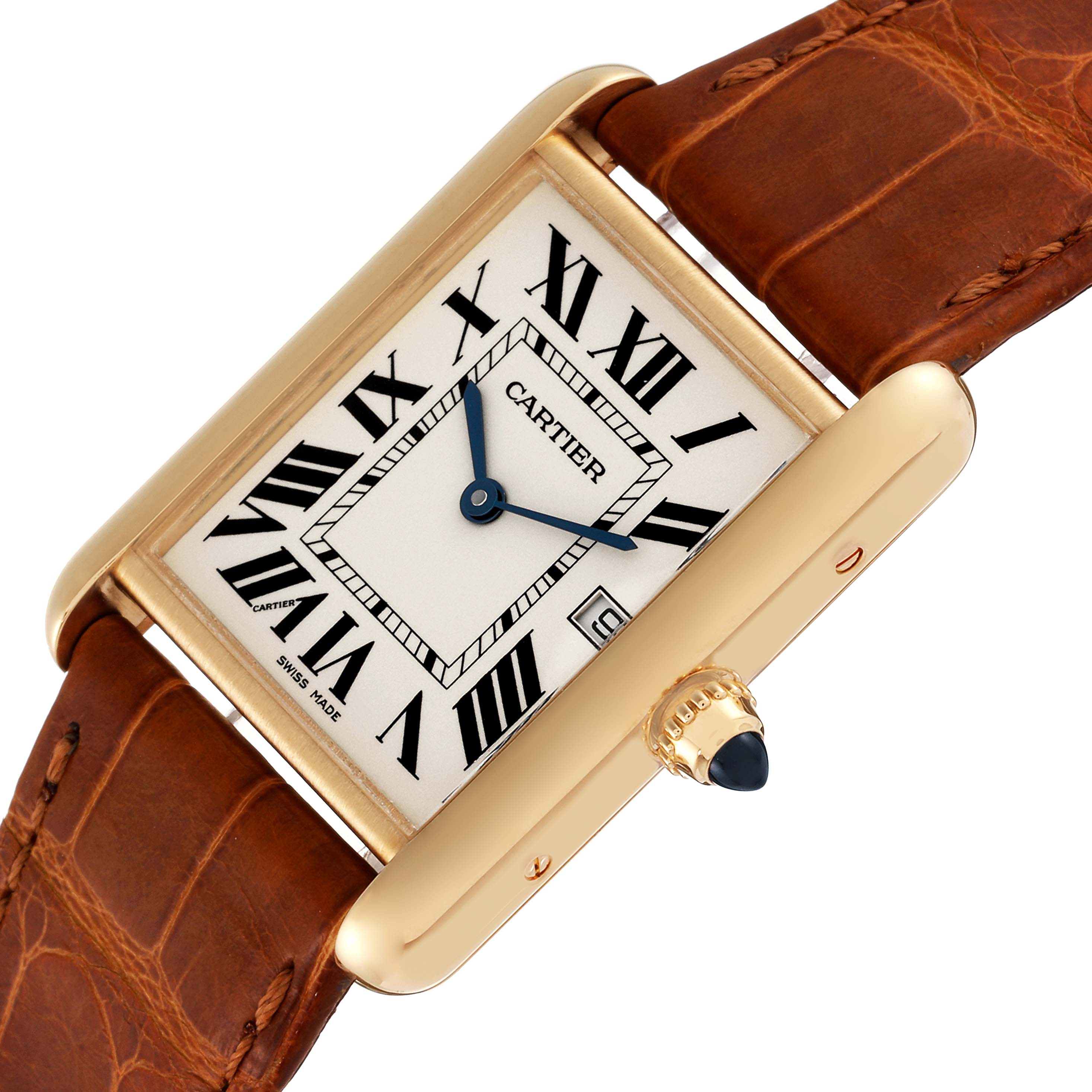 The Cartier Tank Louis W1529756 Men
s Yellow Gold Silver Dial W1529756 Men
s Yellow Gold Silver Dial watch is shown at a slight angle highlighting its dial, Roman numerals, leather strap, and crown.