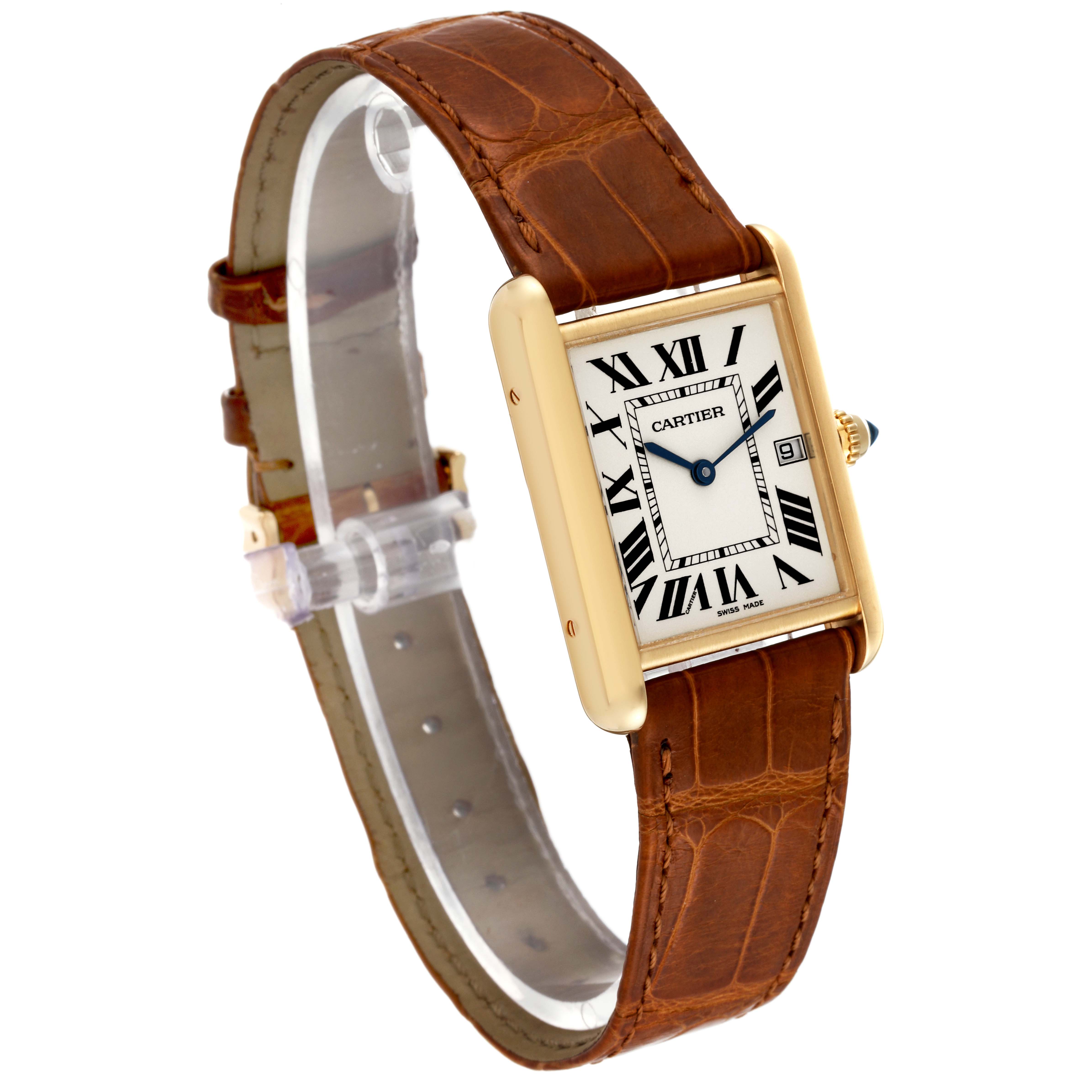 This image shows a Cartier Tank Louis W1529756 Men
s Yellow Gold Silver Dial W1529756 Men
s Yellow Gold Silver Dial watch at a three-quarter angle, highlighting the rectangular face, dial, and leather strap.