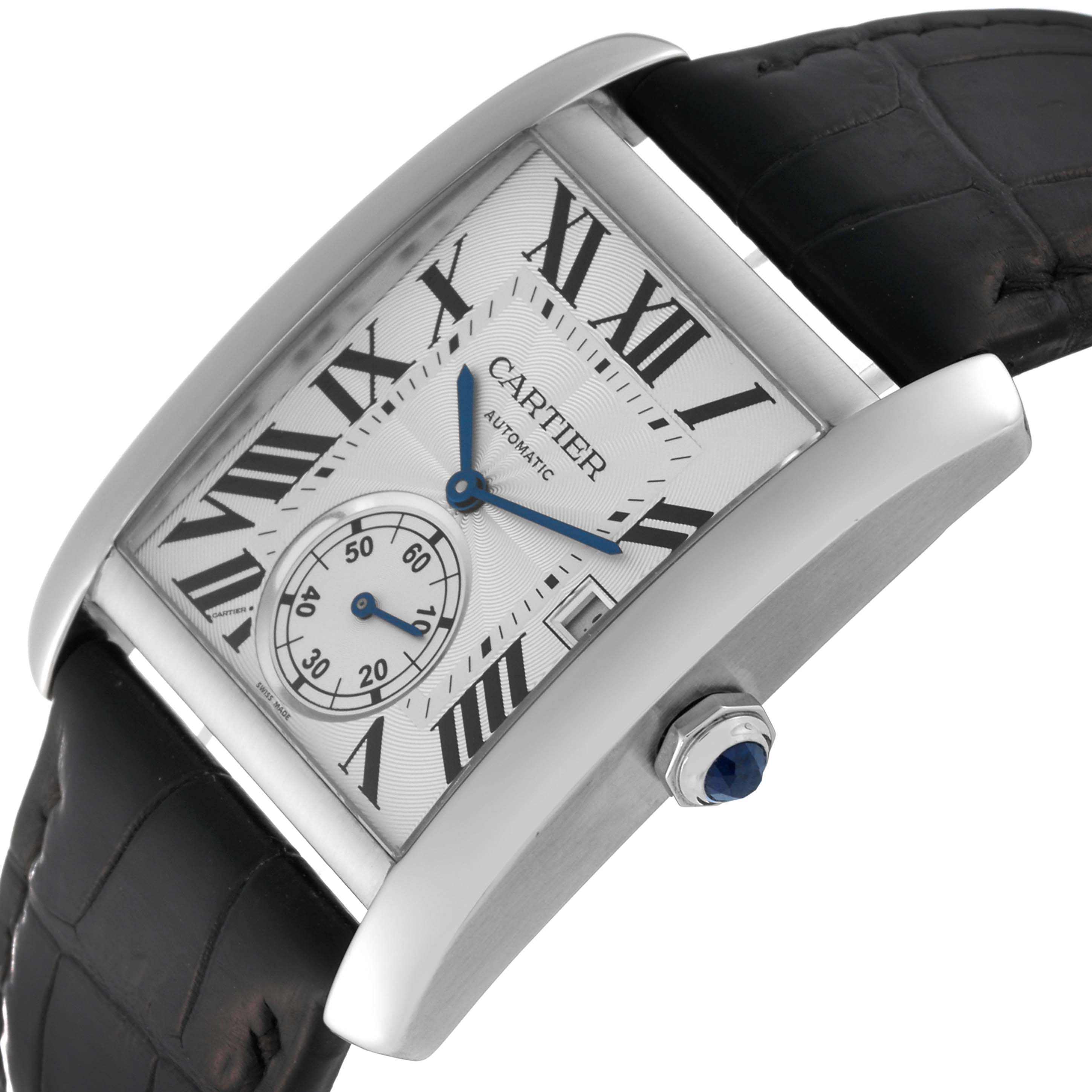 The Cartier Tank MC W5330003 Men
s Stainless Steel Silver Dial W5330003 Men
s Stainless Steel Silver Dial watch is shown at a tilted angle, displaying its Roman numeral dial, sub-dial, and black leather strap.