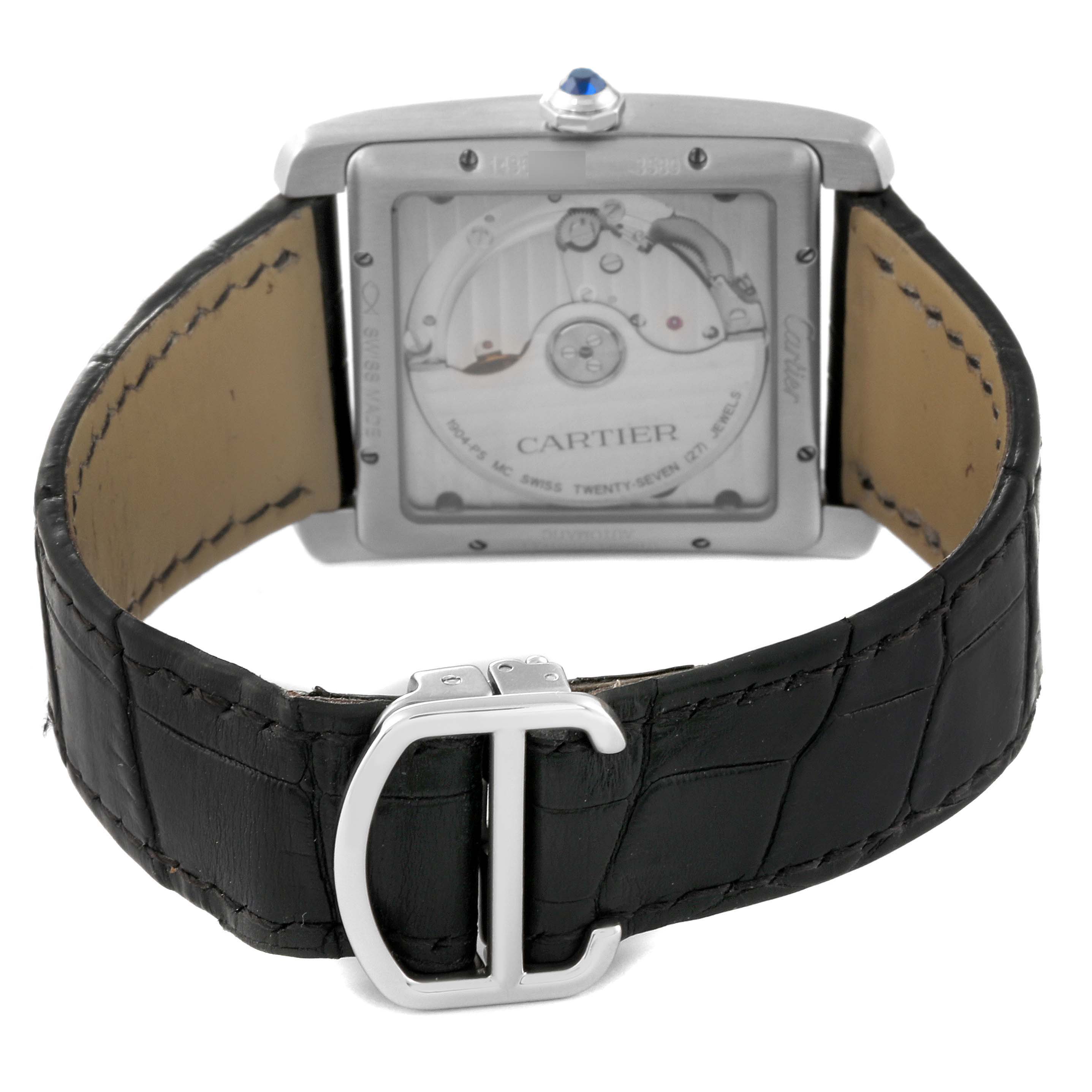 The image displays the back view of the Cartier Tank MC W5330003 Men
s Stainless Steel Silver Dial W5330003 Men
s Stainless Steel Silver Dial watch, showing its movement and black leather strap with a clasp.