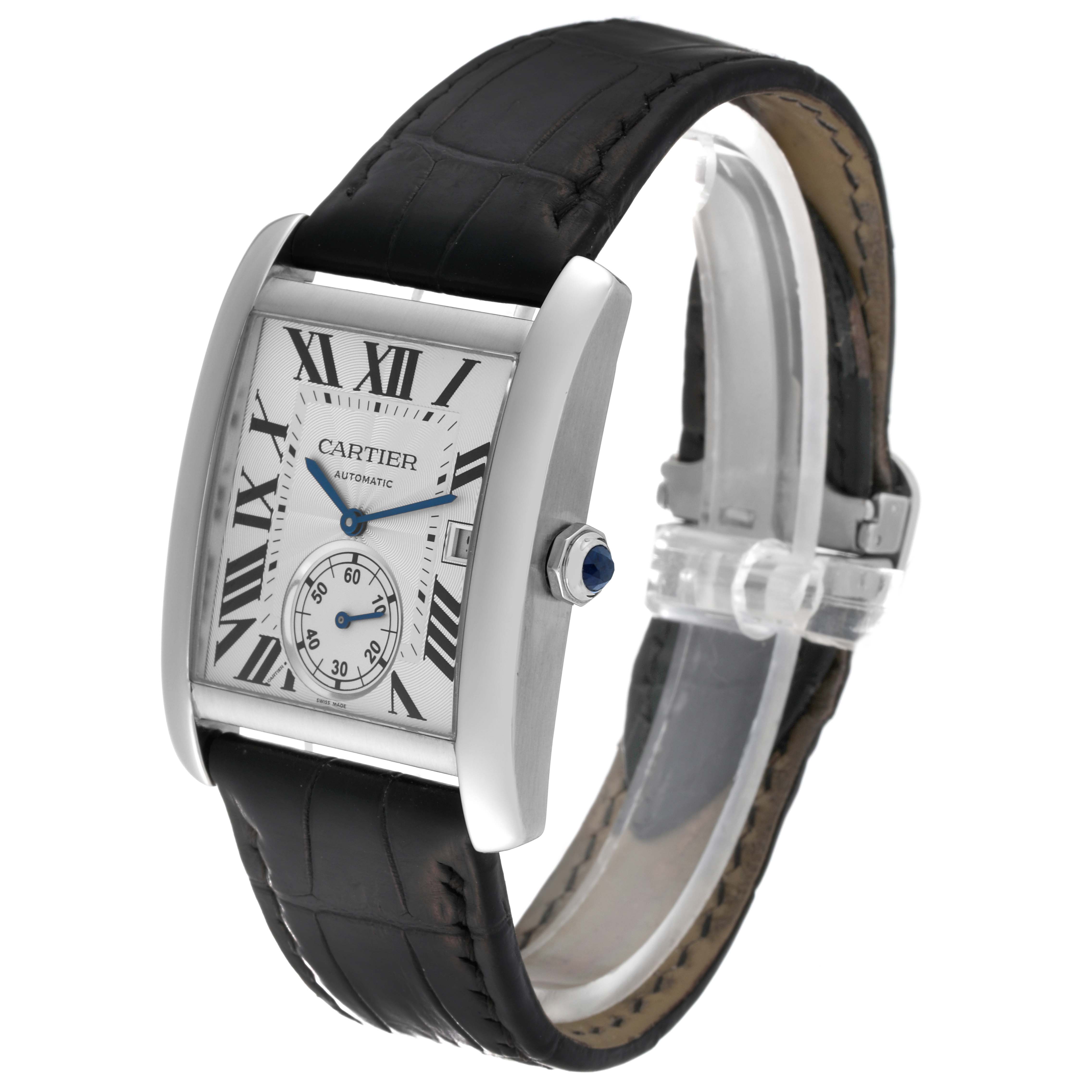 This image shows a Cartier Tank MC W5330003 Men
s Stainless Steel Silver Dial W5330003 Men
s Stainless Steel Silver Dial watch at a three-quarter angle, highlighting its rectangular case, dial, and black leather strap.