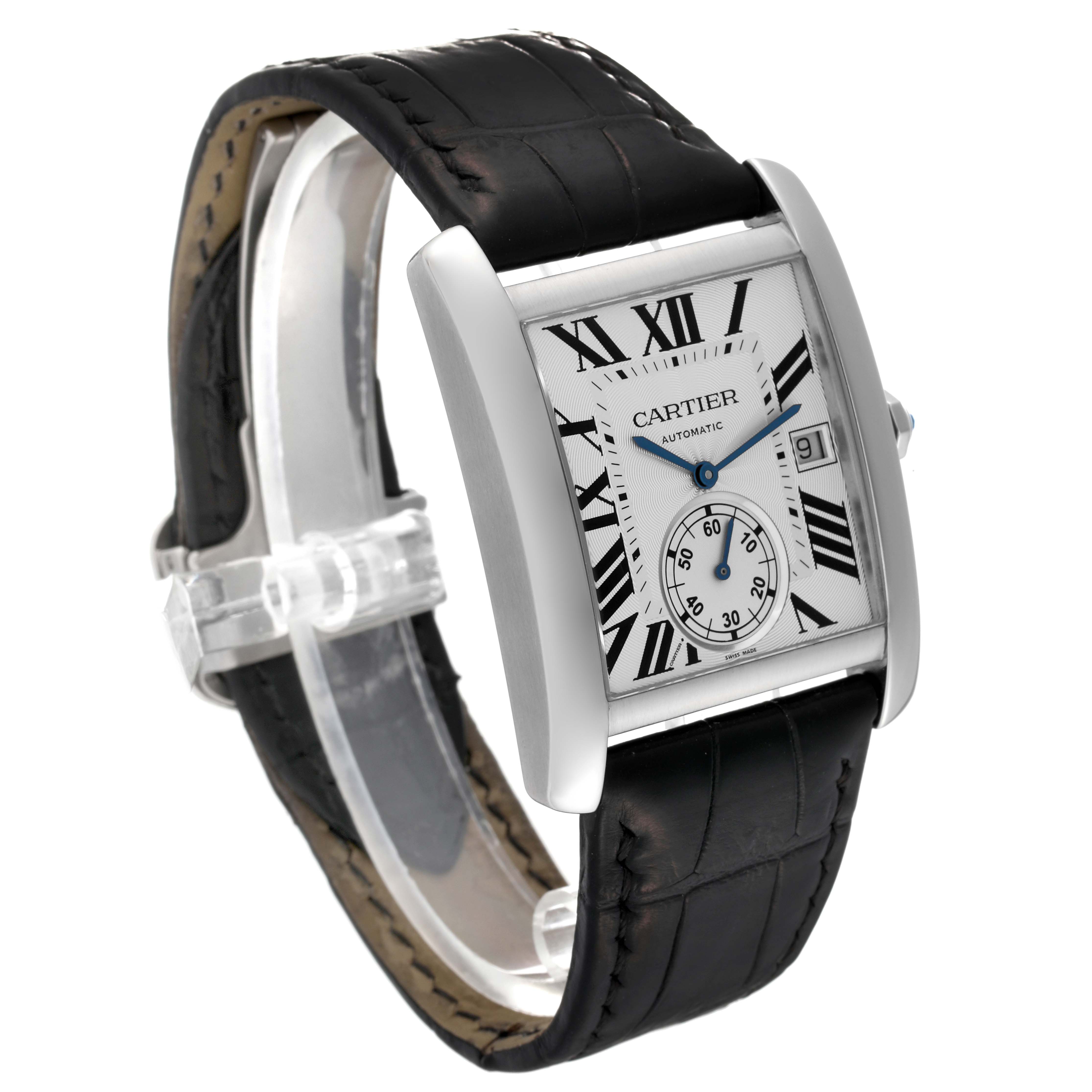 This image shows a Cartier Tank MC W5330003 Men
s Stainless Steel Silver Dial W5330003 Men
s Stainless Steel Silver Dial watch at a three-quarter angle, featuring its rectangular dial, blue hands, Roman numerals, and black leather strap.