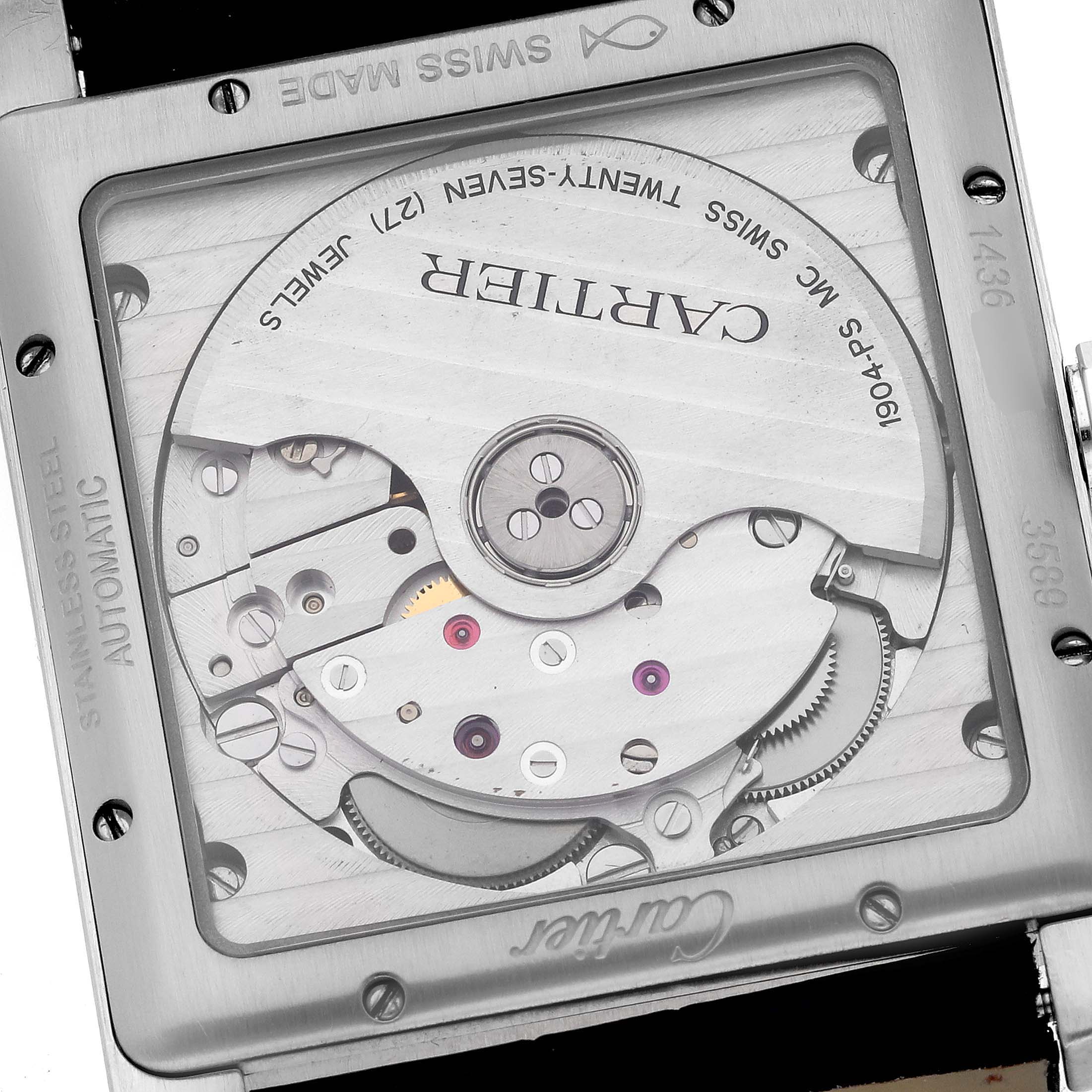 This image shows the back view of the Cartier Tank MC W5330003 Men
s Stainless Steel Silver Dial W5330003 Men
s Stainless Steel Silver Dial watch, revealing its mechanical movement and transparent case back.