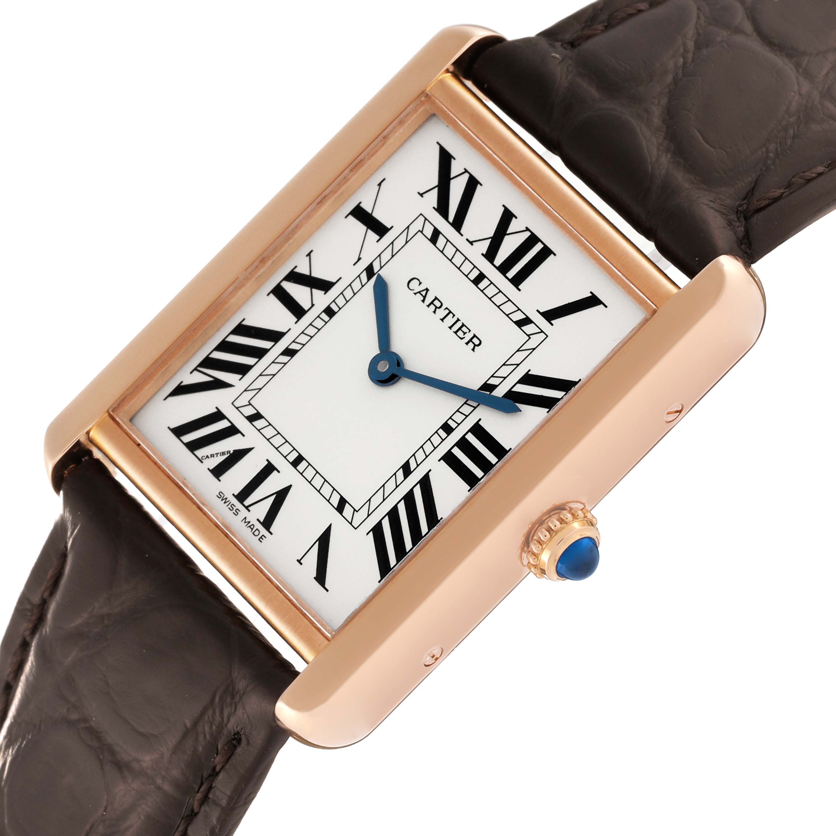 The image shows a close-up angled view of the Cartier Tank Solo W5200025 Men
s Steel and Gold (two tone) Silver Dial W5200025 Men
s Steel and Gold (two tone) Silver Dial watch, highlighting its rectangular face, Roman numerals, and leather strap.