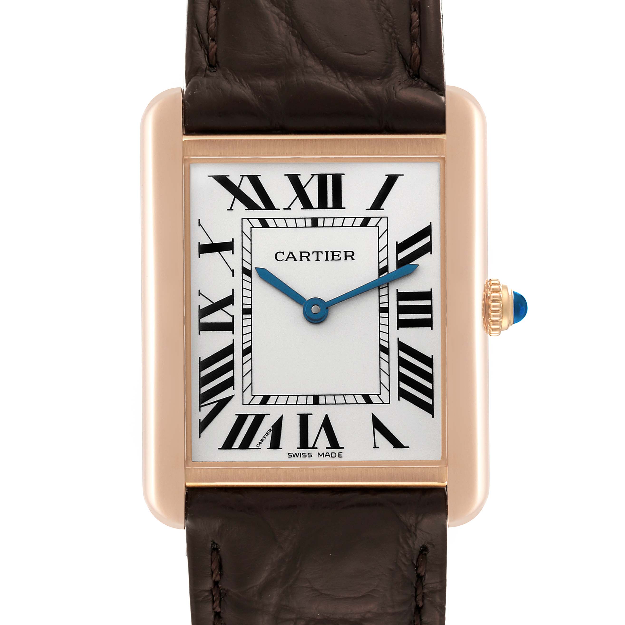 The Cartier Tank Solo W5200025 Men
s Steel and Gold (two tone) Silver Dial W5200025 Men
s Steel and Gold (two tone) Silver Dial watch is shown from the front, displaying the dial, hands, case, crown, and strap.