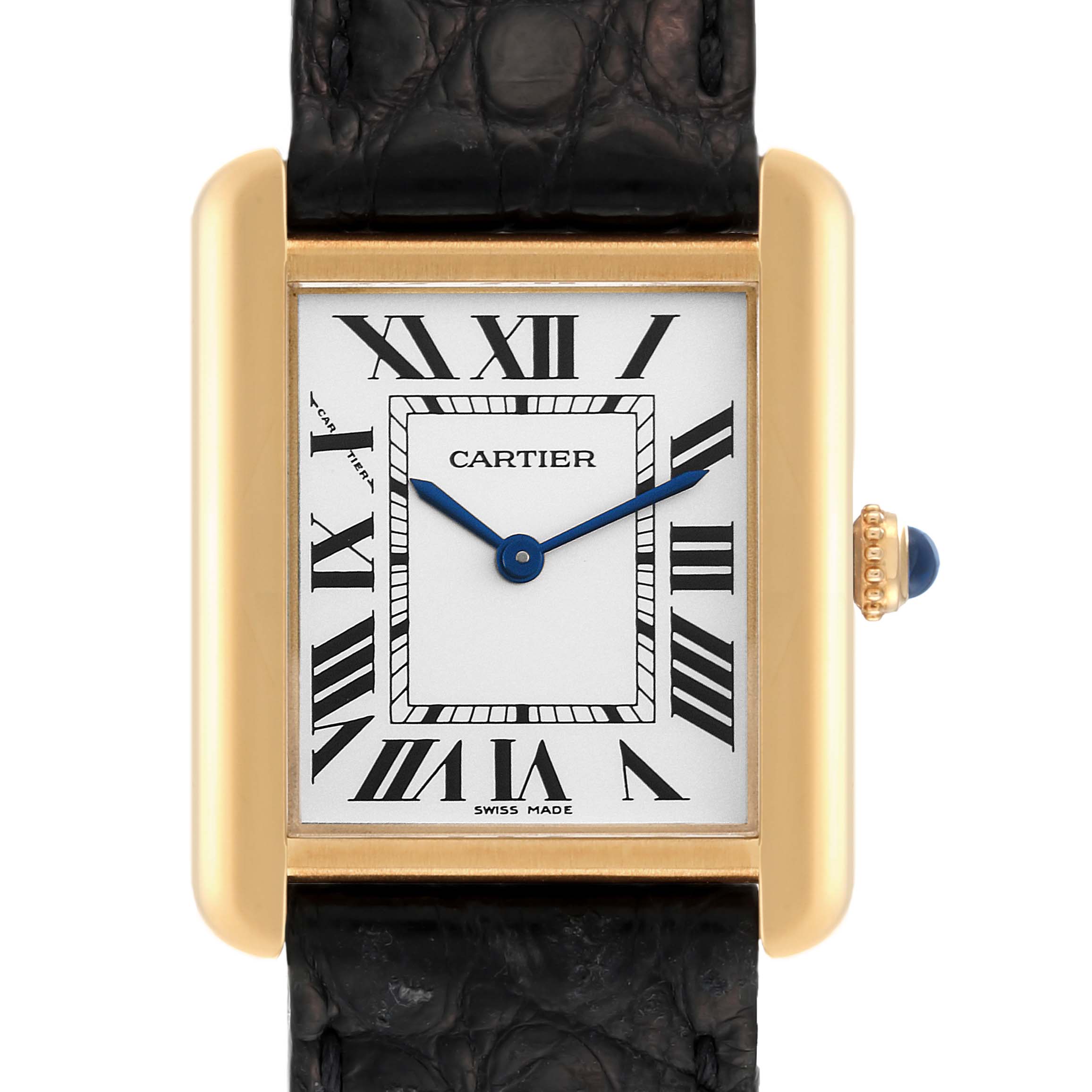 The image shows a front view of the Cartier Tank Solo W1018755 Women's Yellow Gold Silver Dial W1018755 Women's Yellow Gold Silver Dial watch, highlighting the dial, case, crown, and part of the leather strap.
