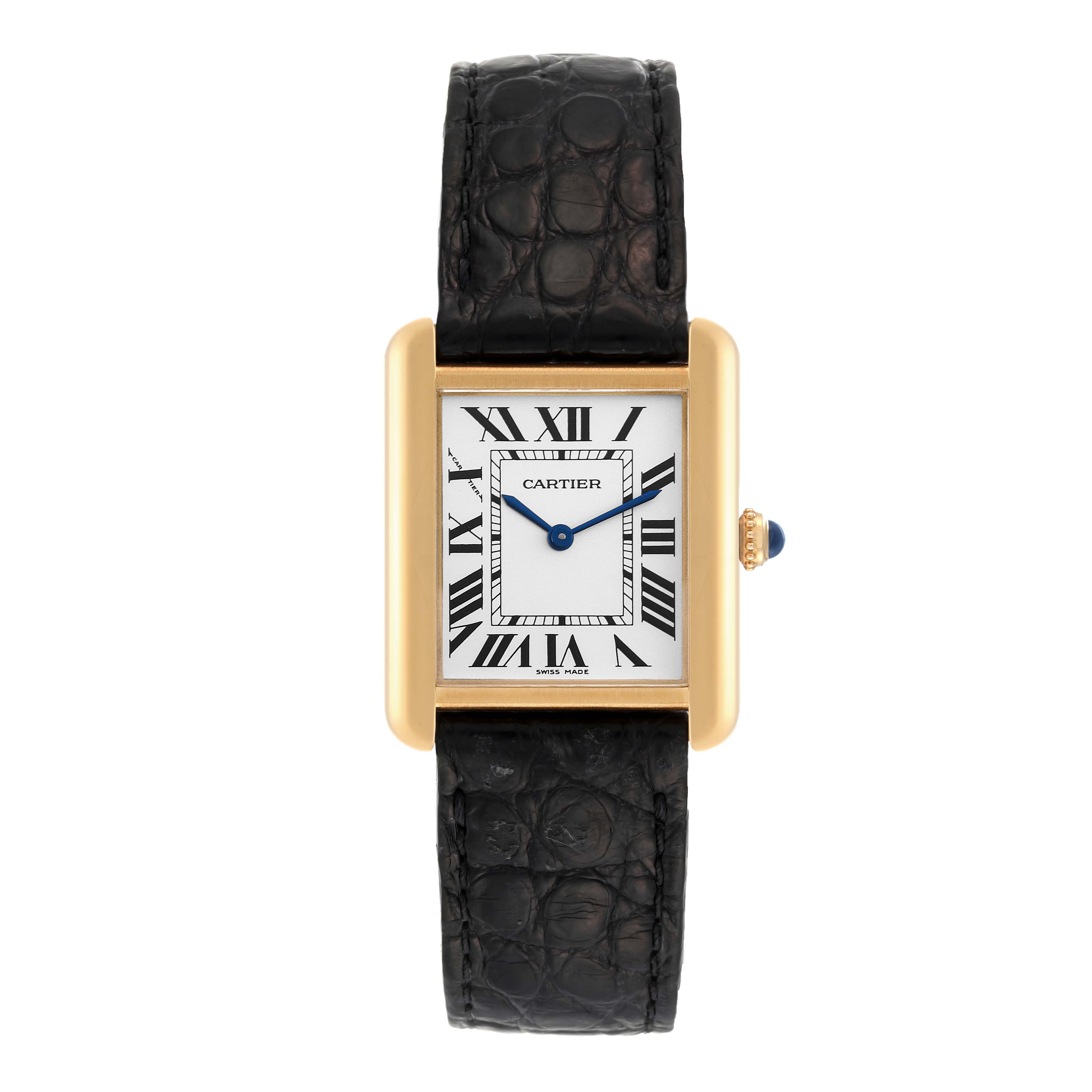 This Cartier Tank Solo W1018755 Women's Yellow Gold Silver Dial W1018755 Women's Yellow Gold Silver Dial watch is shown from the front, displaying its face, Roman numerals, and black leather strap.