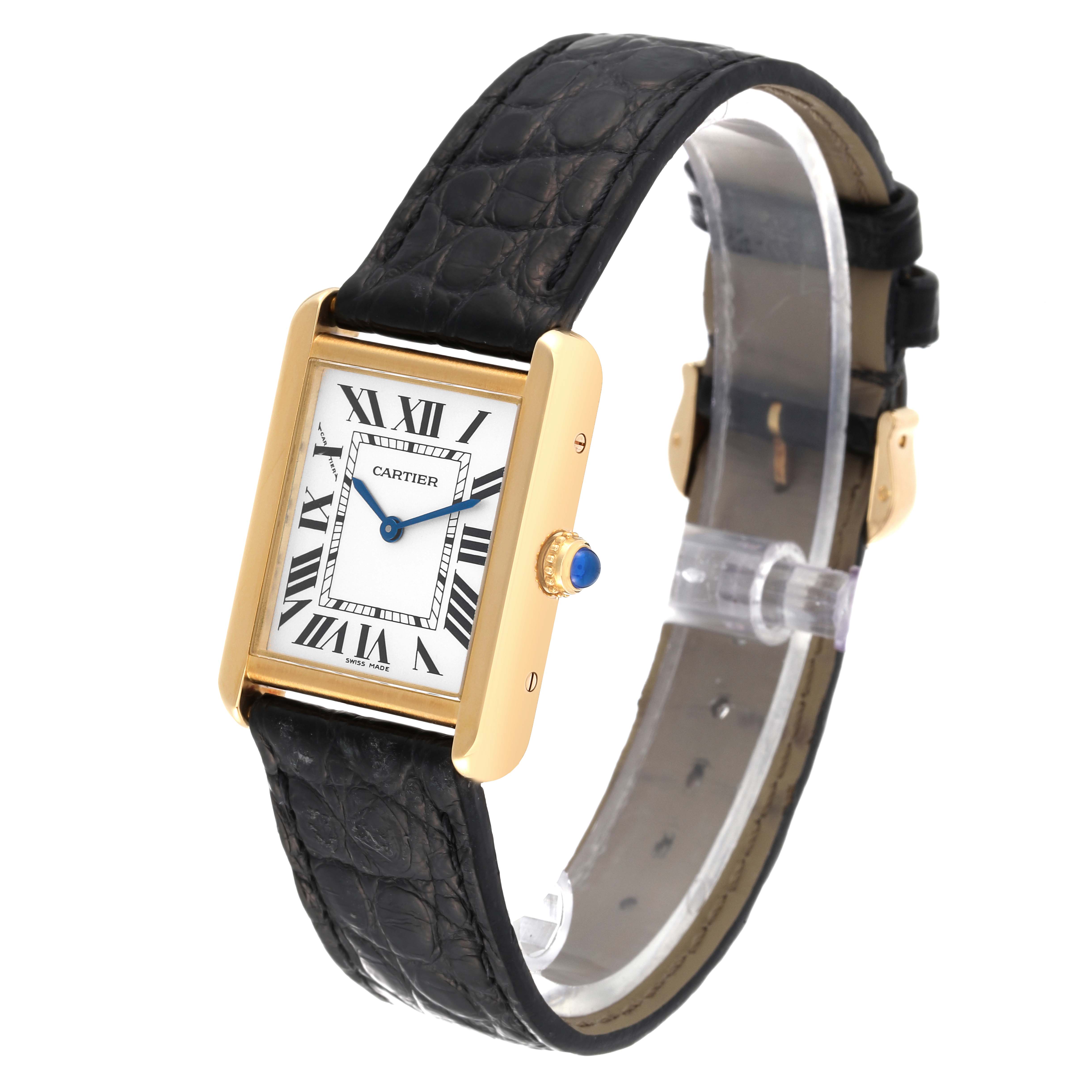 The image shows a Cartier Tank Solo W1018755 Women's Yellow Gold Silver Dial W1018755 Women's Yellow Gold Silver Dial watch at a front-right angle, highlighting its face, bezel, strap, and crown.