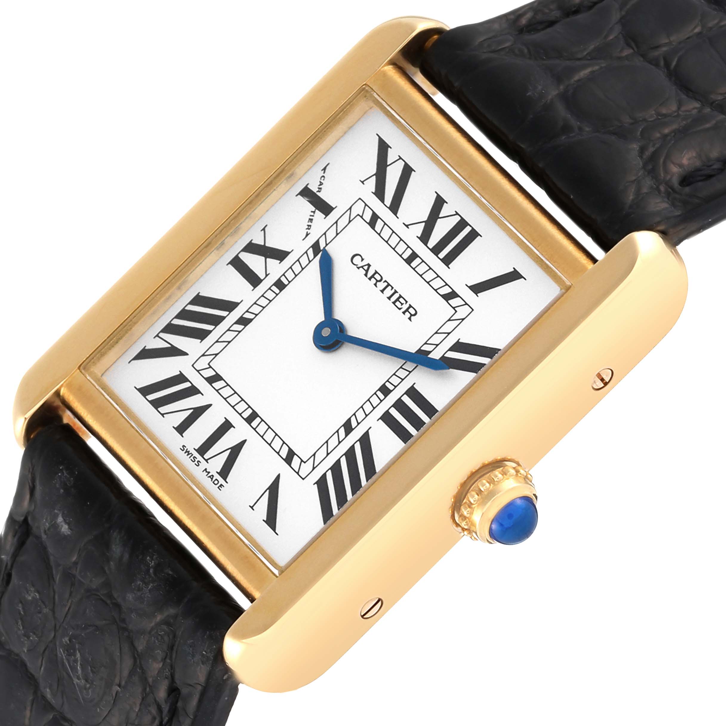 The Cartier Tank Solo W1018755 Women's Yellow Gold Silver Dial W1018755 Women's Yellow Gold Silver Dial watch is shown at a slight angle highlighting its face, Roman numerals, gold casing, blue hands, and black leather strap.