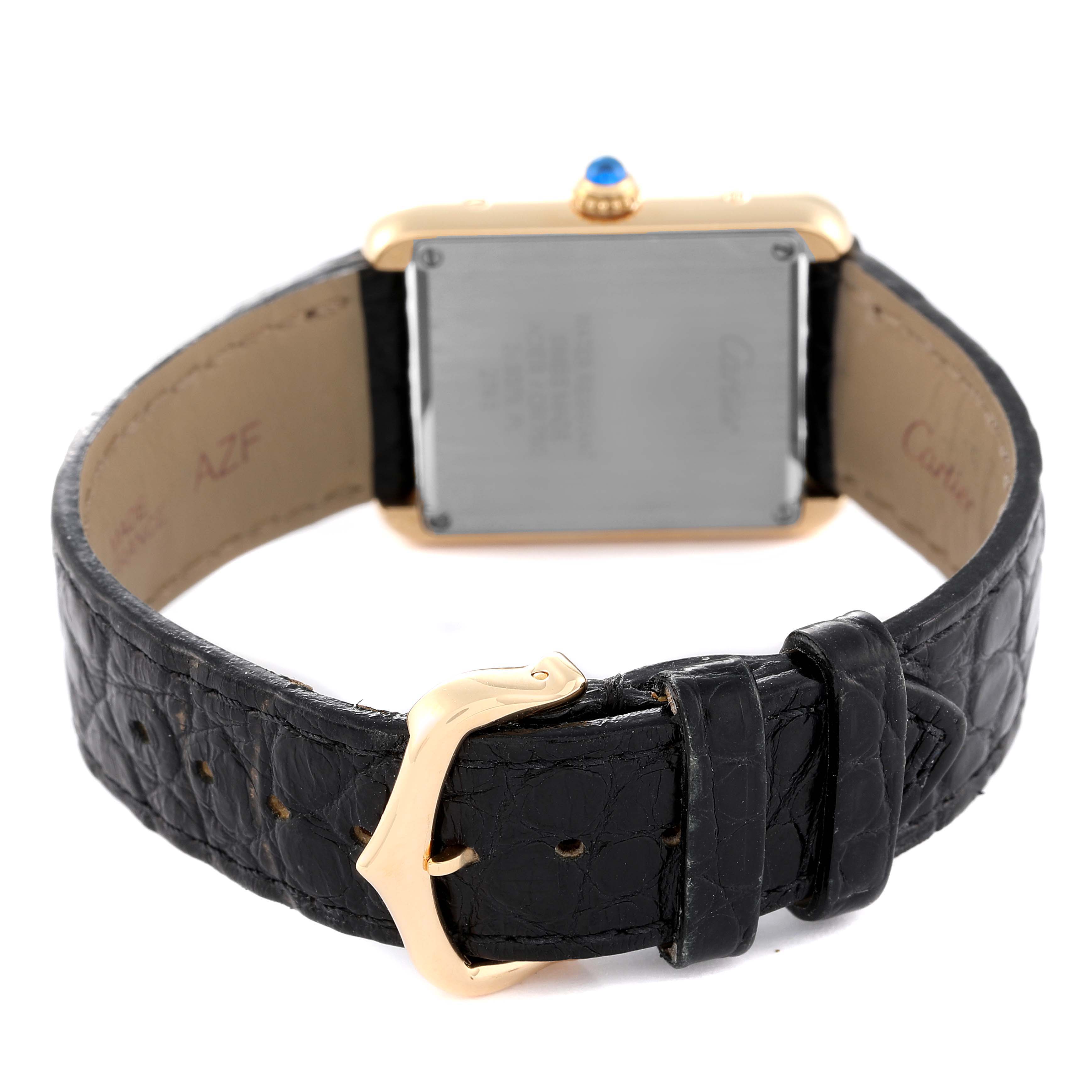 This image shows the back view of a Cartier Tank Solo W1018755 Women's Yellow Gold Silver Dial W1018755 Women's Yellow Gold Silver Dial watch, highlighting the strap and buckle details.