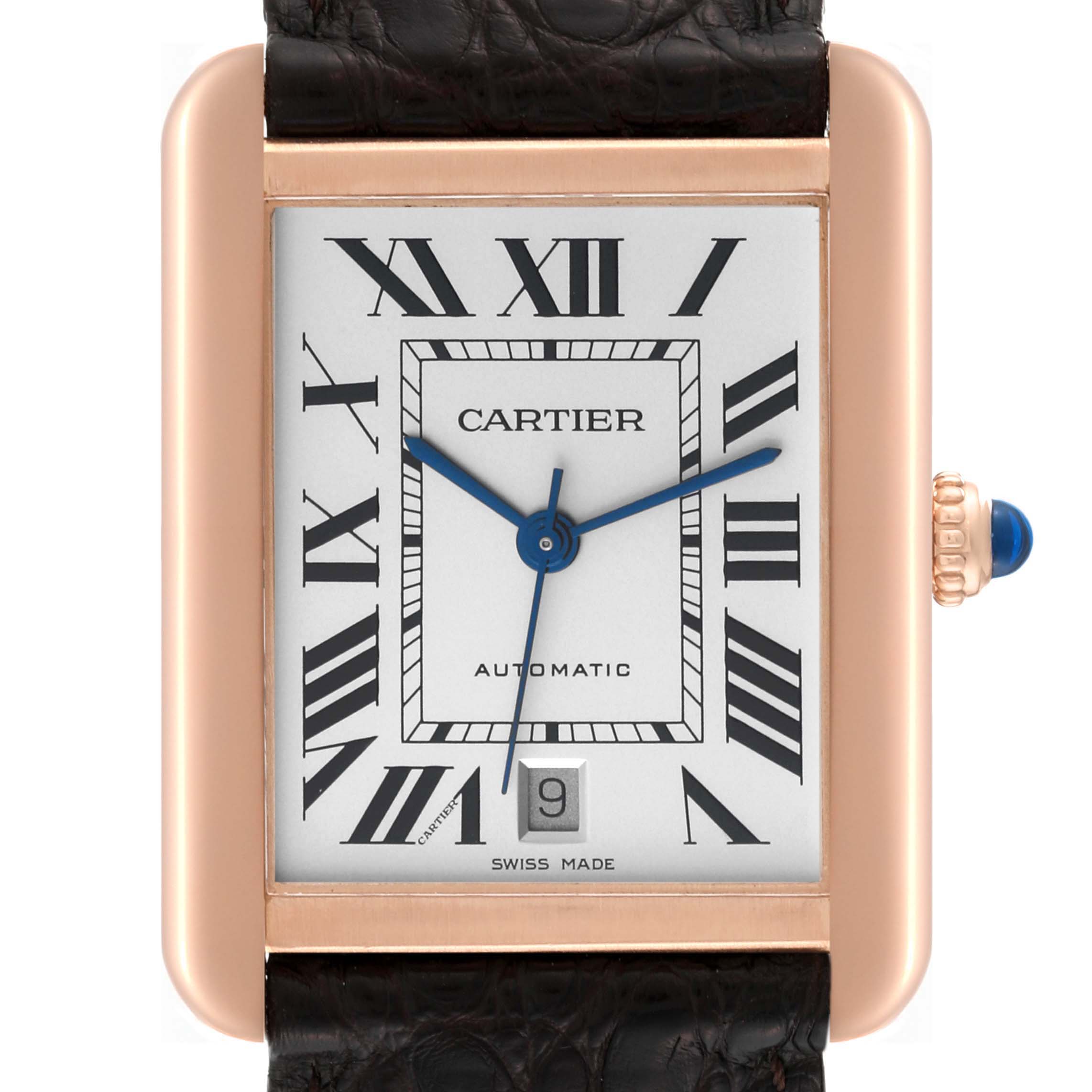 The image shows a front view of the Cartier Tank Solo W5200026 Men
s Steel and Gold (two tone) Silver Dial W5200026 Men
s Steel and Gold (two tone) Silver Dial watch, including its rectangular face, Roman numerals, and leather strap.