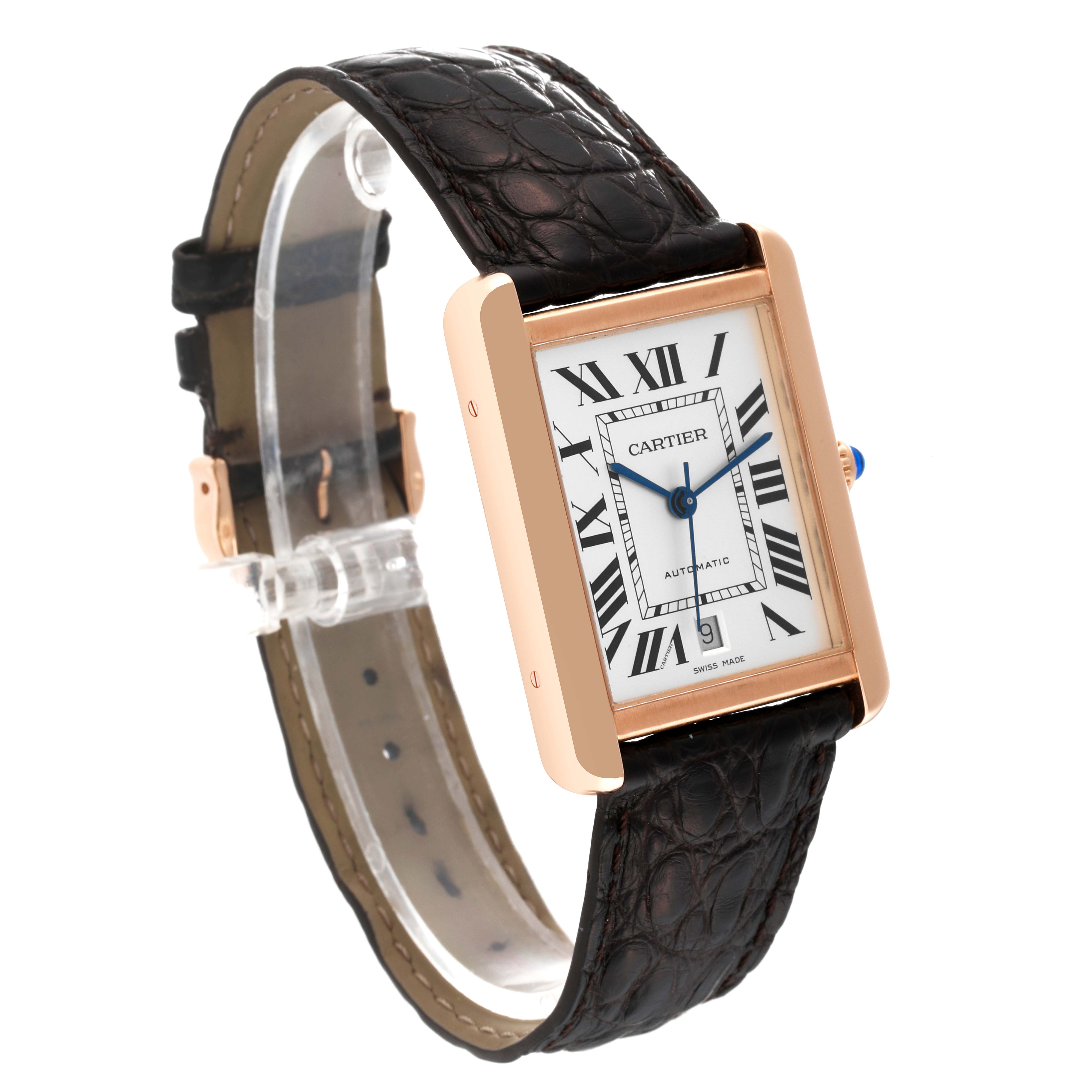 The image shows a Cartier Tank Solo W5200026 Men
s Steel and Gold (two tone) Silver Dial W5200026 Men
s Steel and Gold (two tone) Silver Dial watch at an oblique angle, highlighting the face, strap, and side profile.