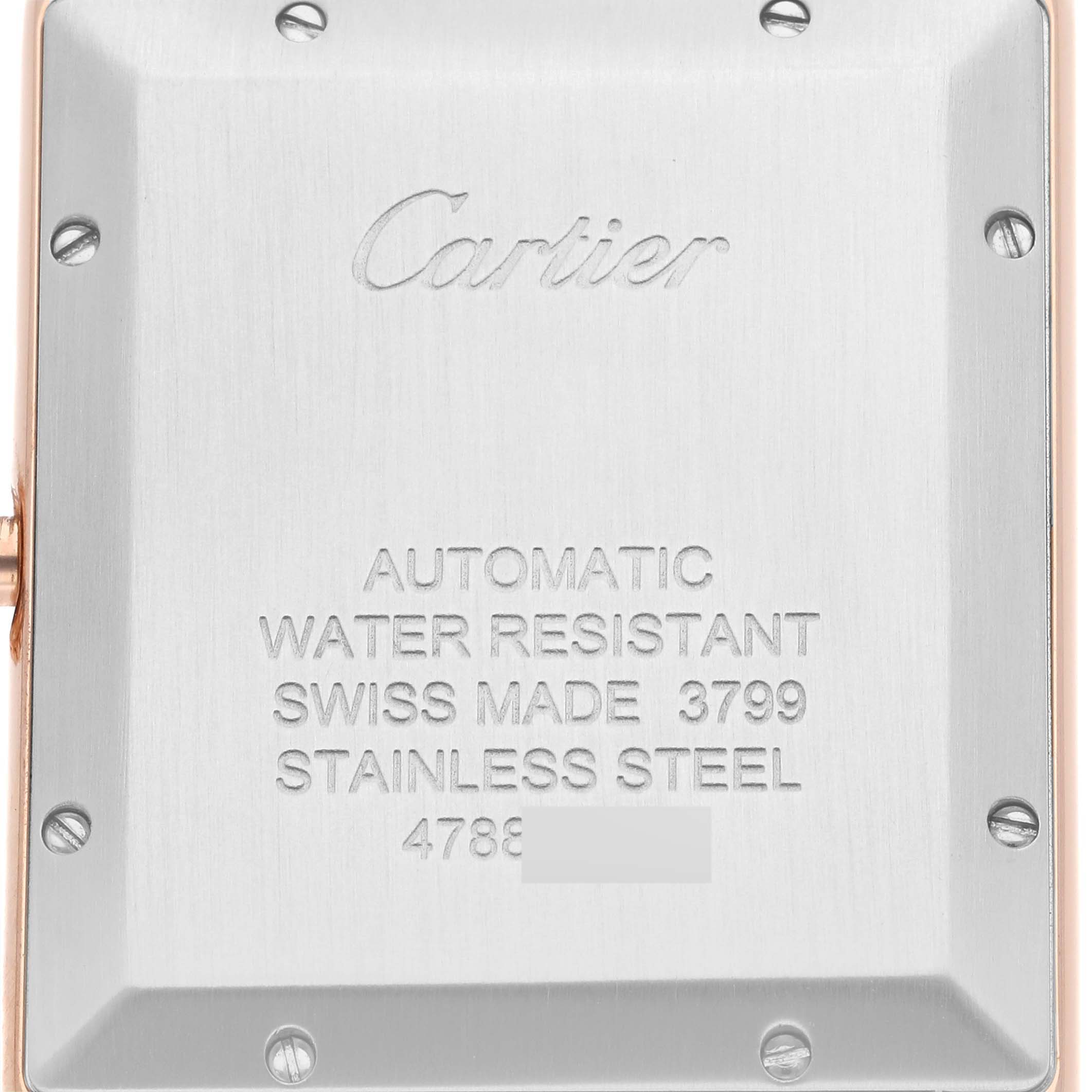 This image shows the back case of the Cartier Tank Solo W5200026 Men
s Steel and Gold (two tone) Silver Dial W5200026 Men
s Steel and Gold (two tone) Silver Dial watch, highlighting its engravings detailing specifications.