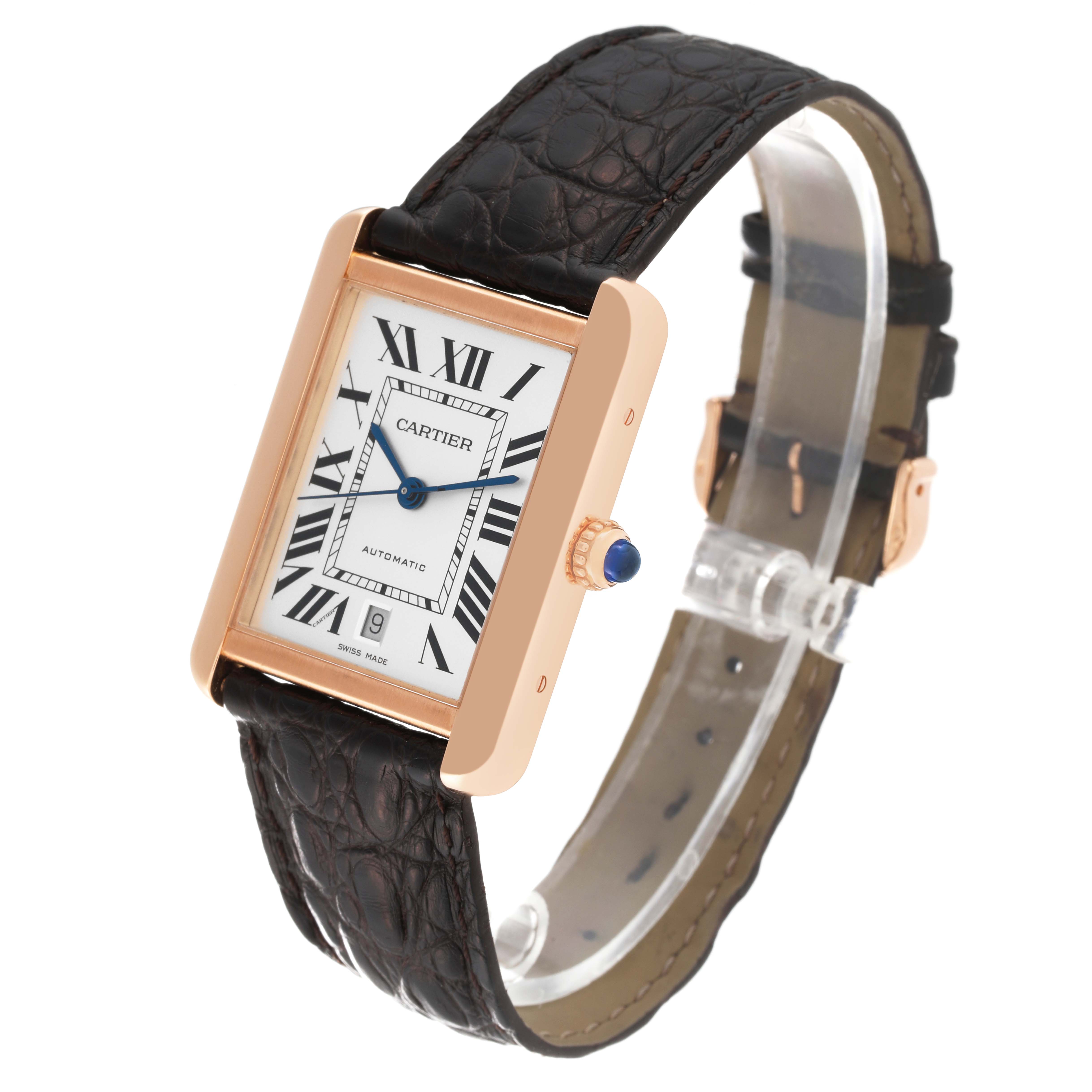 The image shows a Cartier Tank Solo W5200026 Men
s Steel and Gold (two tone) Silver Dial W5200026 Men
s Steel and Gold (two tone) Silver Dial watch from a three-quarter angle, highlighting its face, strap, and side.
