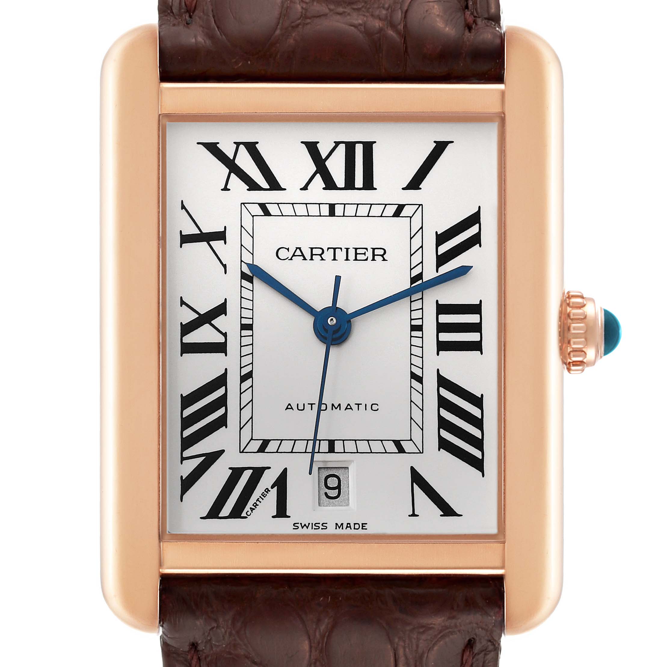 This Cartier Tank Solo W5200026 Men
s Rose Gold Silver Dial W5200026 Men
s Rose Gold Silver Dial watch is shown in a close-up angle, highlighting the watch face, Roman numerals, and date window.