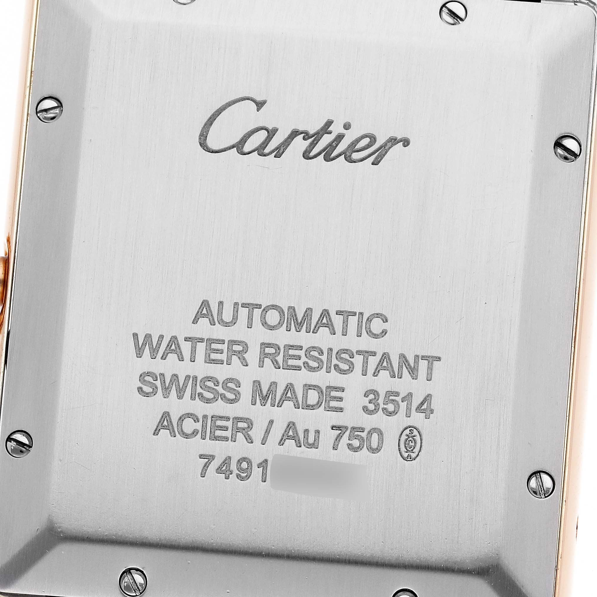 The image shows the back case of a Cartier Tank Solo W5200026 Men
s Rose Gold Silver Dial W5200026 Men
s Rose Gold Silver Dial watch, displaying model details and specifications.