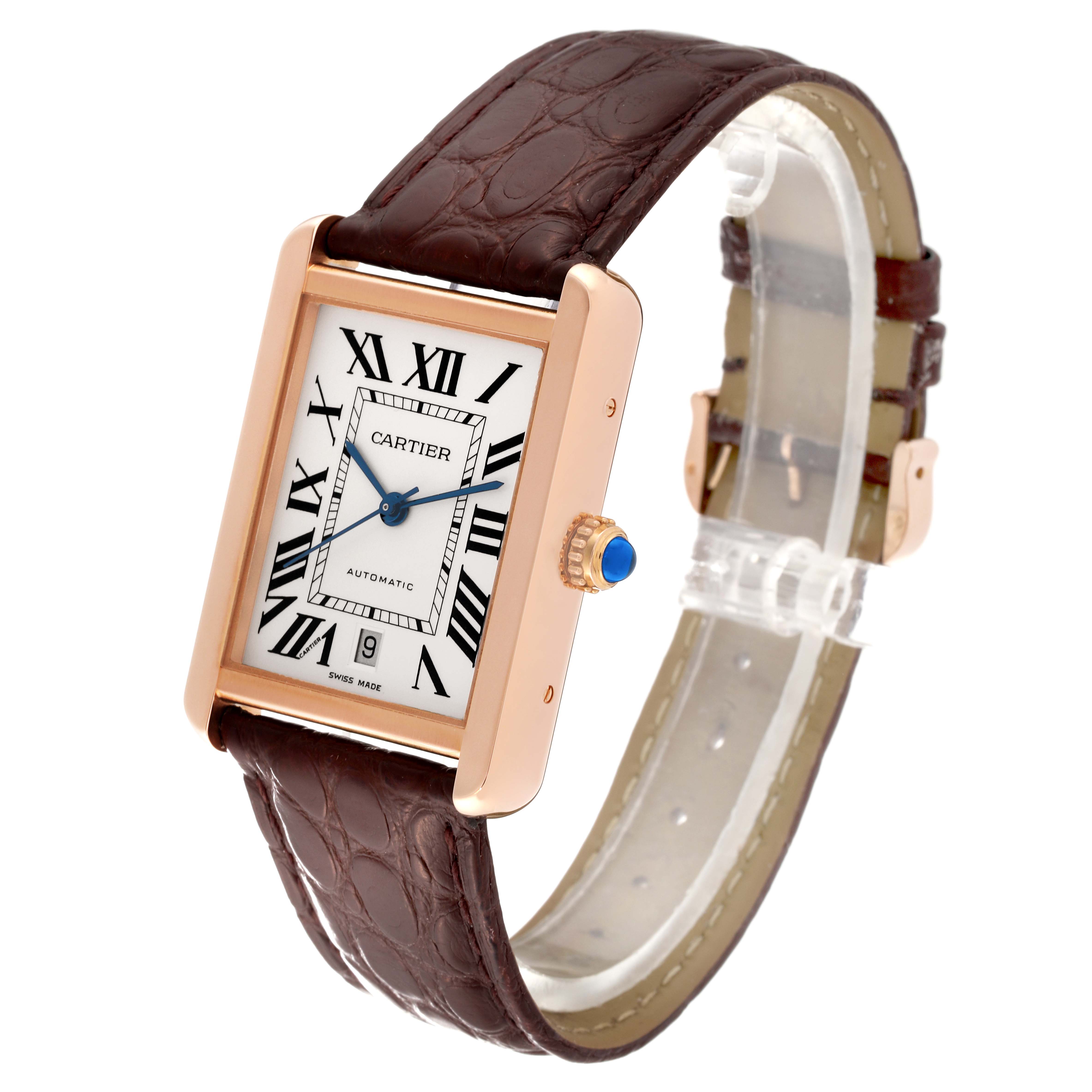This image shows a Cartier Tank Solo W5200026 Men
s Rose Gold Silver Dial W5200026 Men
s Rose Gold Silver Dial watch at a three-quarter angle highlighting the face, brown leather strap, and crown.