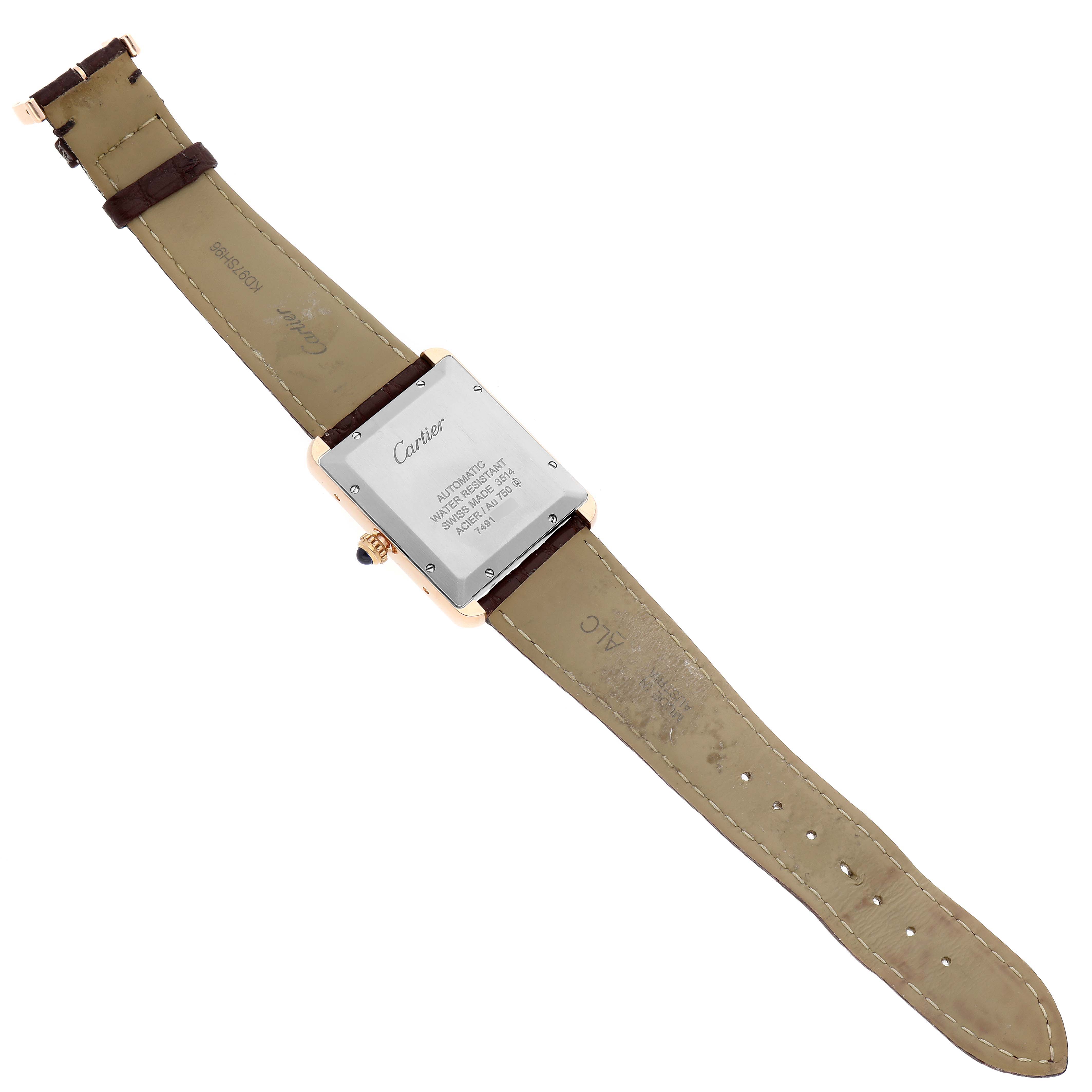 The image shows the back and strap of the Cartier Tank Solo W5200026 Men
s Rose Gold Silver Dial W5200026 Men
s Rose Gold Silver Dial watch laid flat.