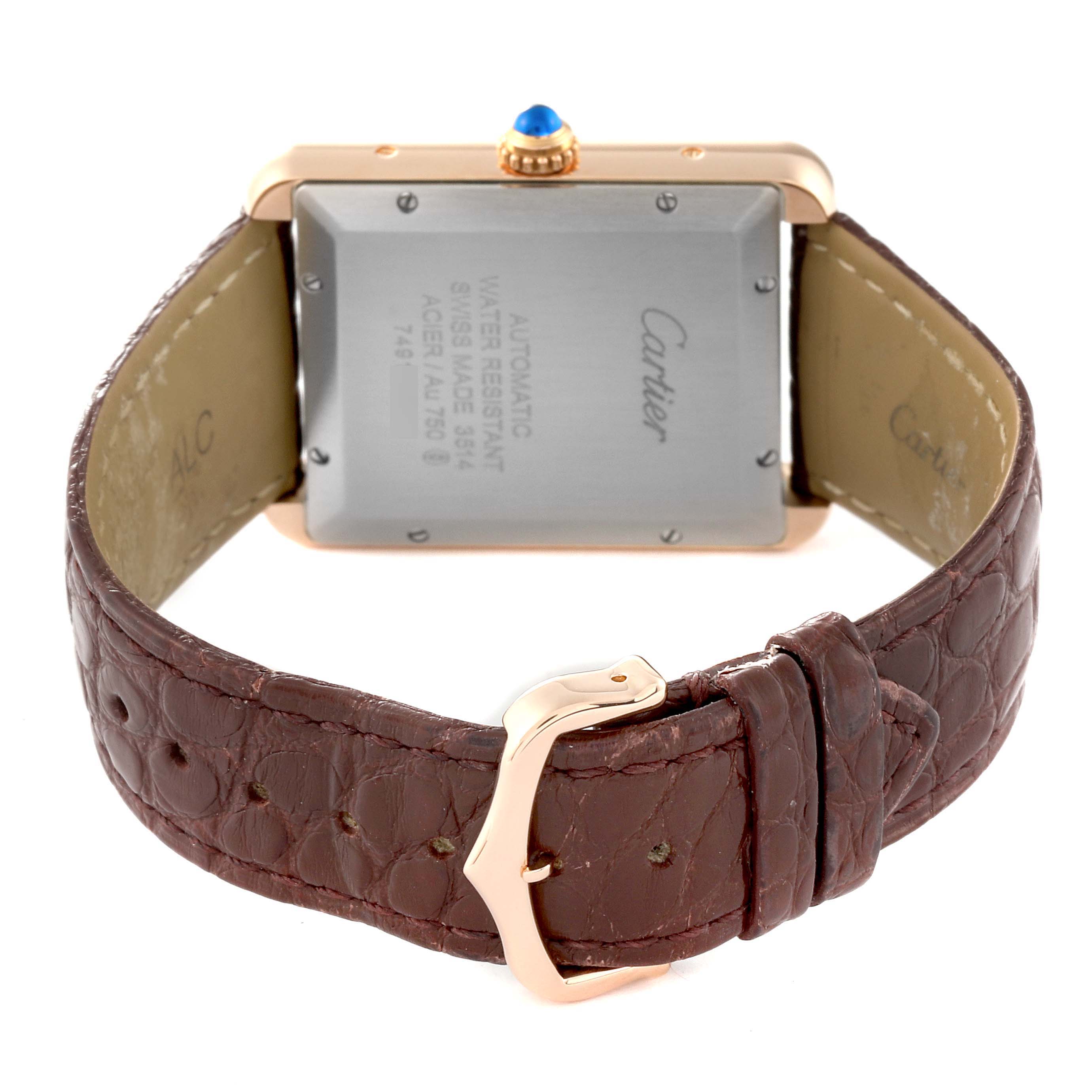 The image shows the back view of a Cartier Tank Solo W5200026 Men
s Rose Gold Silver Dial W5200026 Men
s Rose Gold Silver Dial watch, highlighting the case back, crown, and leather strap with buckle.