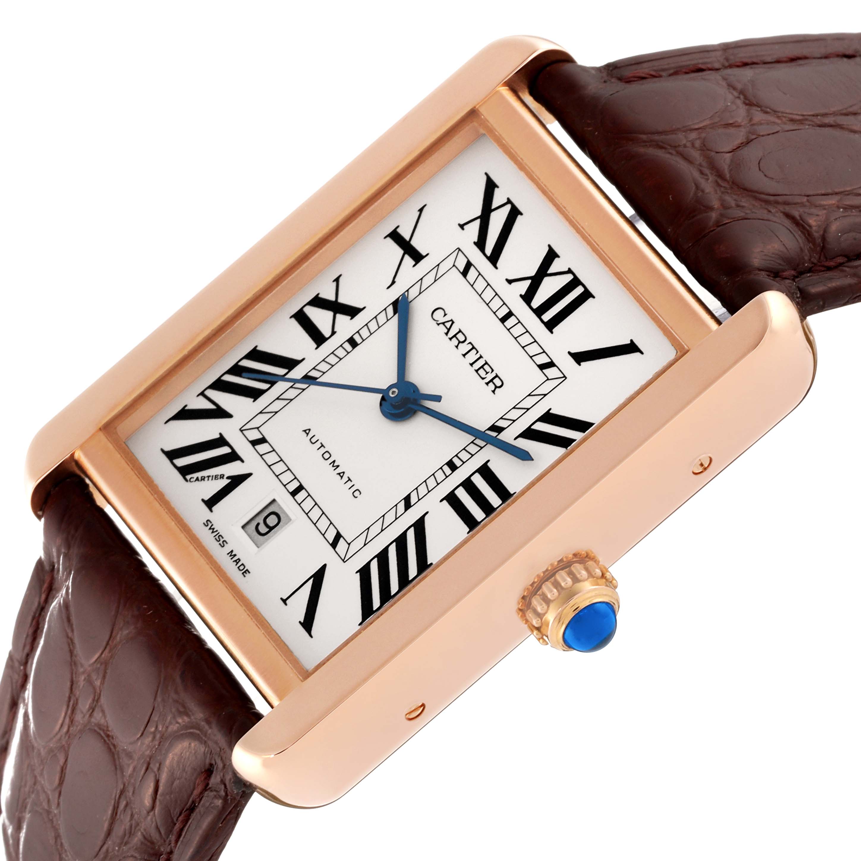 This Cartier Tank Solo W5200026 Men
s Rose Gold Silver Dial W5200026 Men
s Rose Gold Silver Dial watch is displayed at an angle, showing the face, Roman numerals, and the crown with a blue gemstone.