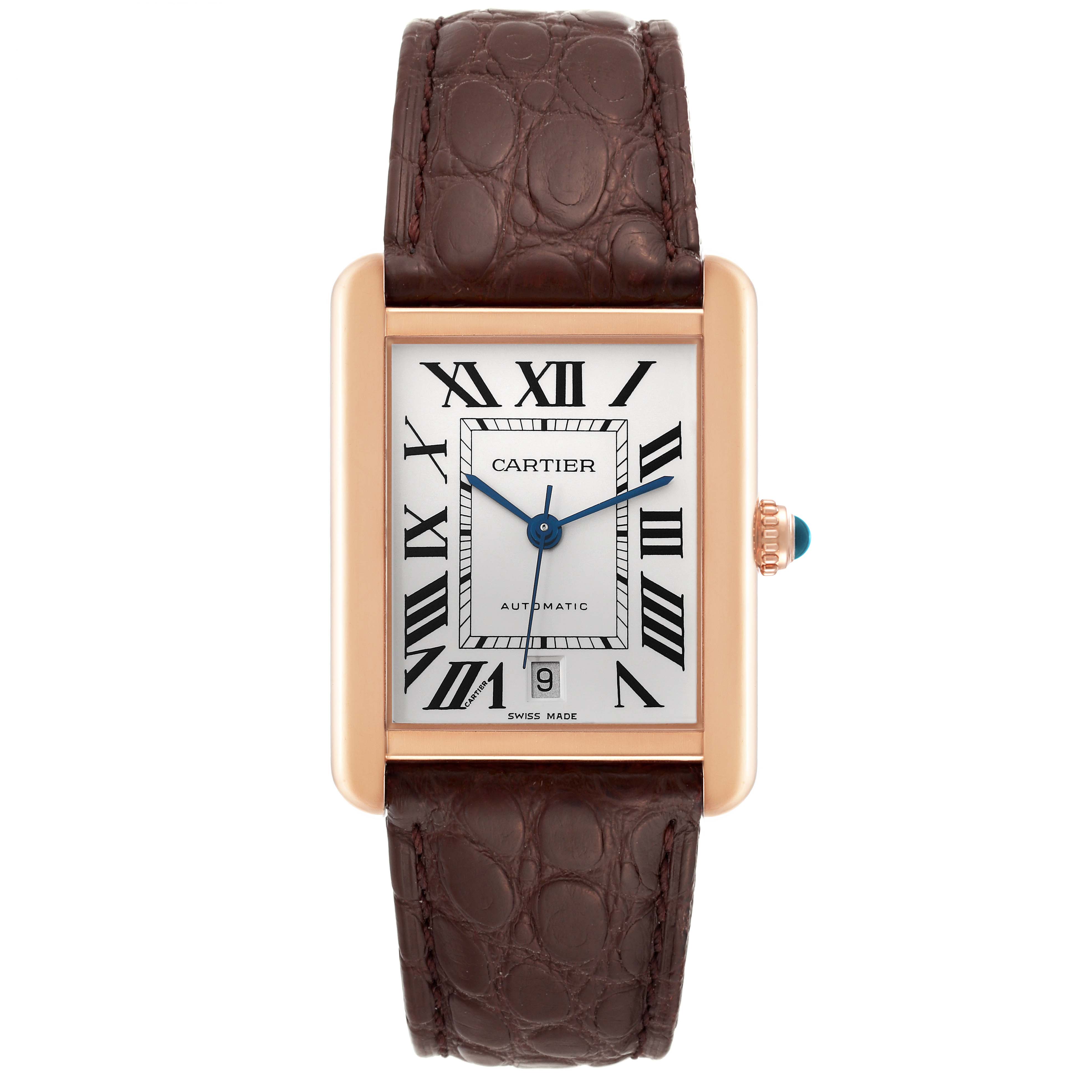 The image shows a front view of the Cartier Tank Solo W5200026 Men
s Rose Gold Silver Dial W5200026 Men
s Rose Gold Silver Dial watch, highlighting the dial, rectangular case, crown, and strap.