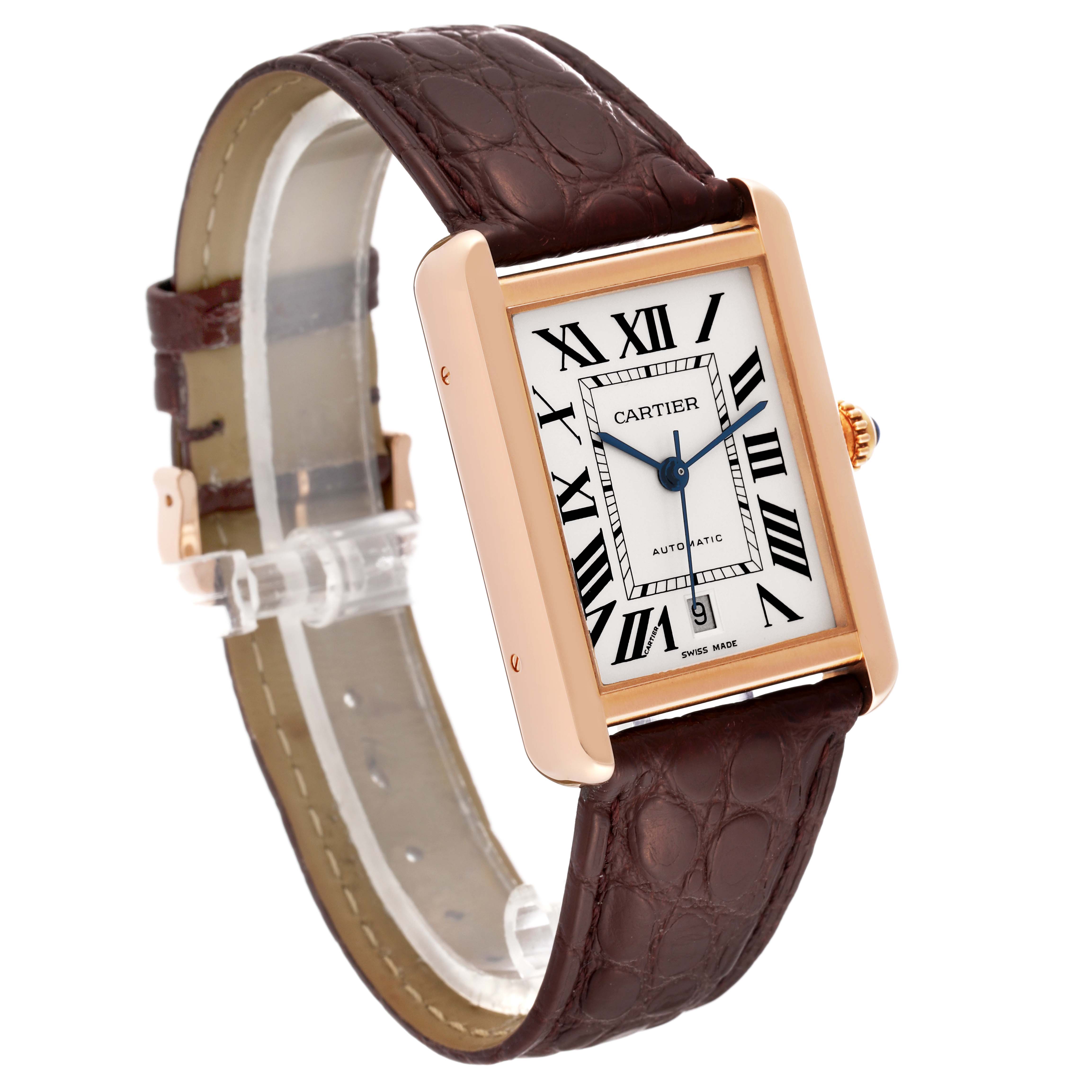 The Cartier Tank Solo W5200026 Men
s Rose Gold Silver Dial W5200026 Men
s Rose Gold Silver Dial watch is shown from an angled front view, displaying its dial, case, and leather strap.