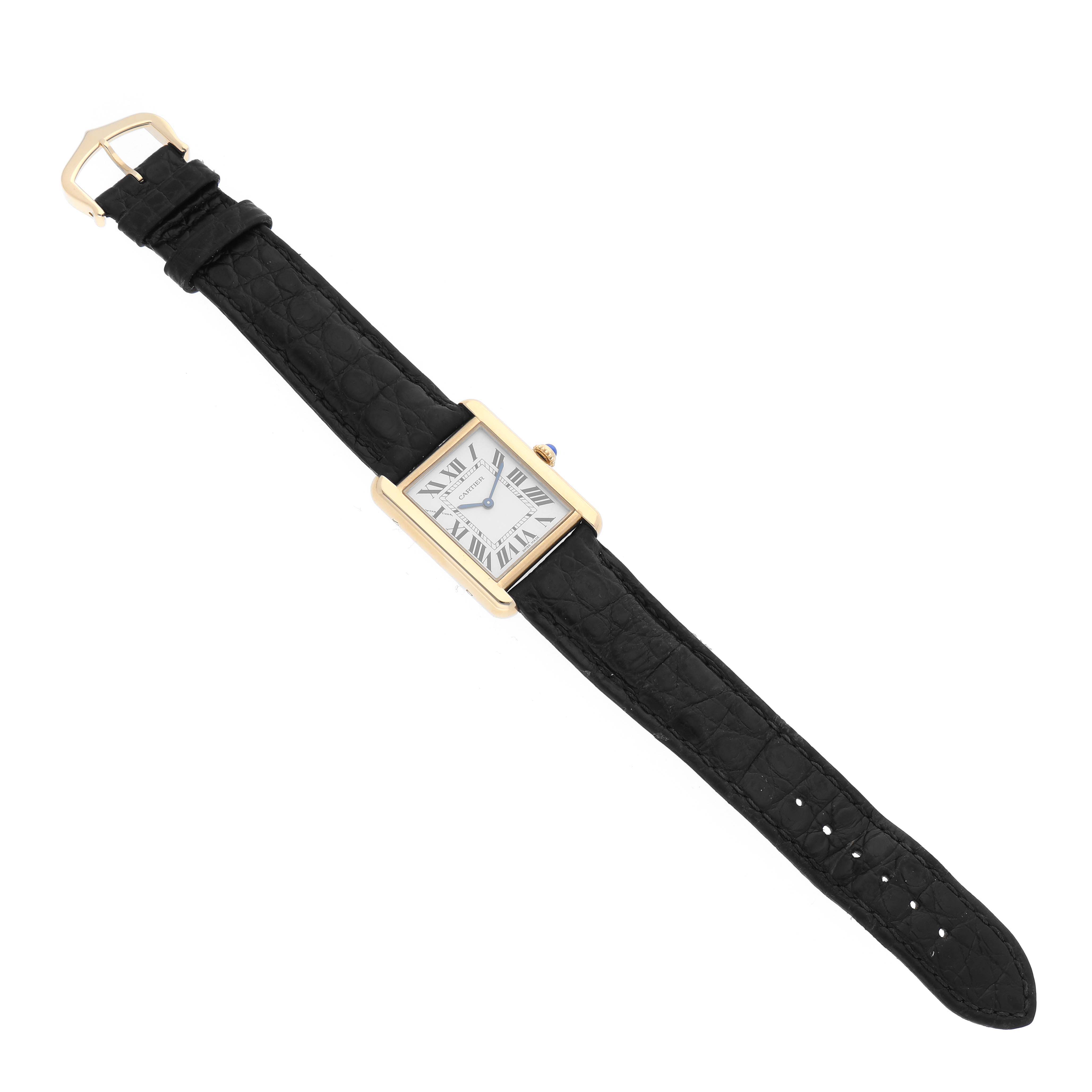 The image shows a top-down view of a Cartier Tank Solo W5200002 Women
s Steel and Gold (two tone) Silver Dial W5200002 Women
s Steel and Gold (two tone) Silver Dial watch with a rectangular face and a black leather strap.