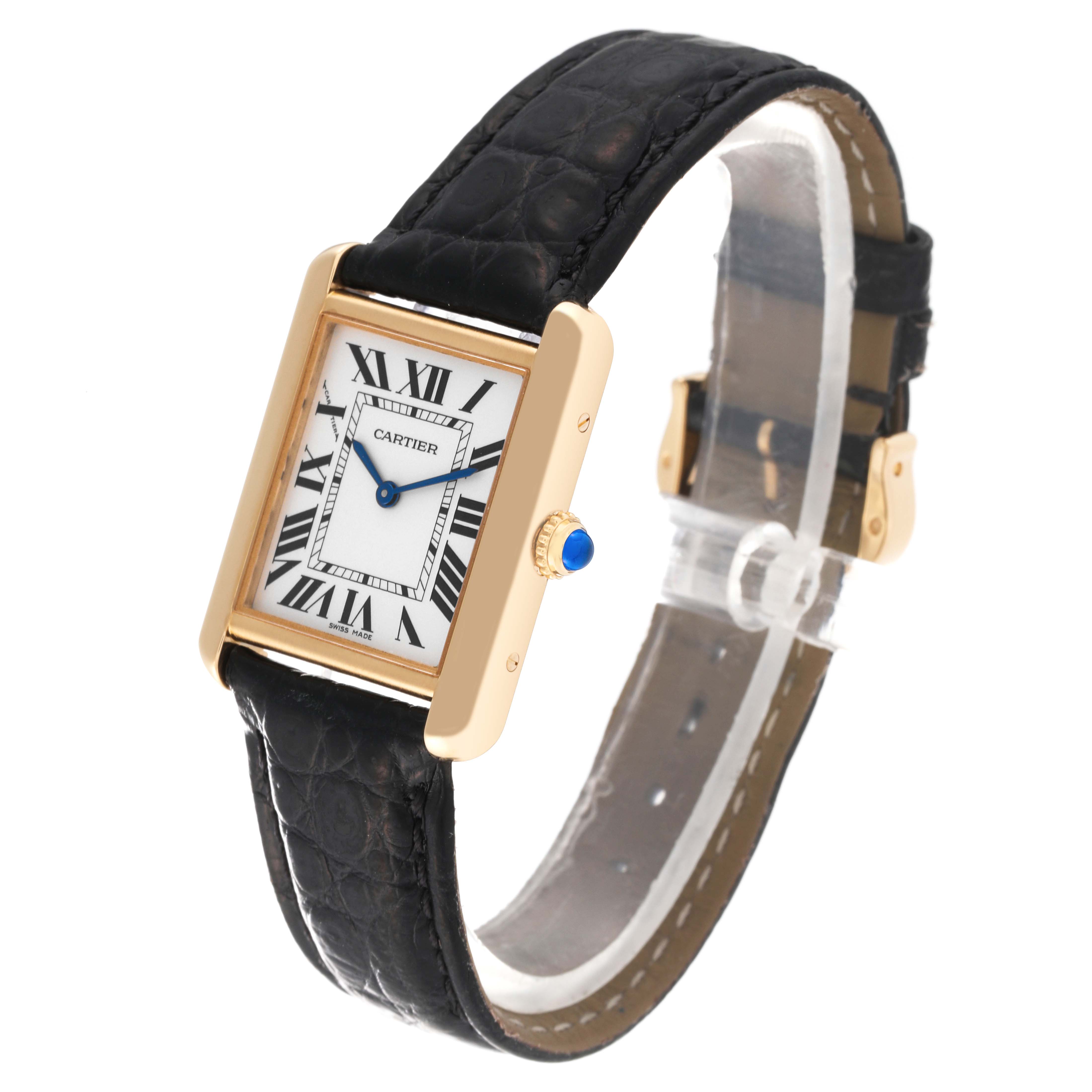 The Cartier Tank Solo W5200002 Women
s Steel and Gold (two tone) Silver Dial W5200002 Women
s Steel and Gold (two tone) Silver Dial watch is depicted at a slight angle, showing the case, crown, dial, and part of the strap.